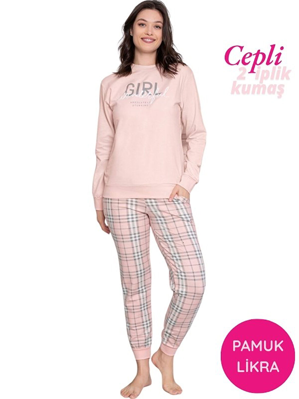 Kadın Bisiklet Yaka Düğmesiz Bilek Manşet/Lastikli 2 İplik Cepli Kışlık Jogger Eşofman Pijama Takımı