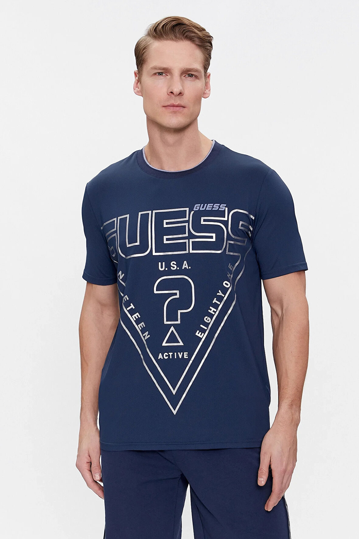 Erkek Guess Üçgen Desenli T-Shirt / Mavi  | L