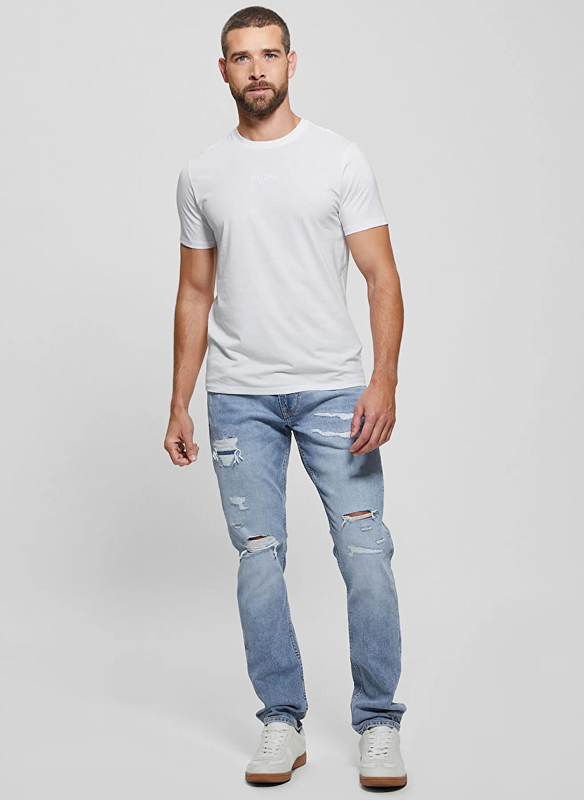 Guess Bisiklet Yaka Desenli Beyaz Erkek T-Shirt M4GP39K7HD0G011 SS GUESS EMB PIMA