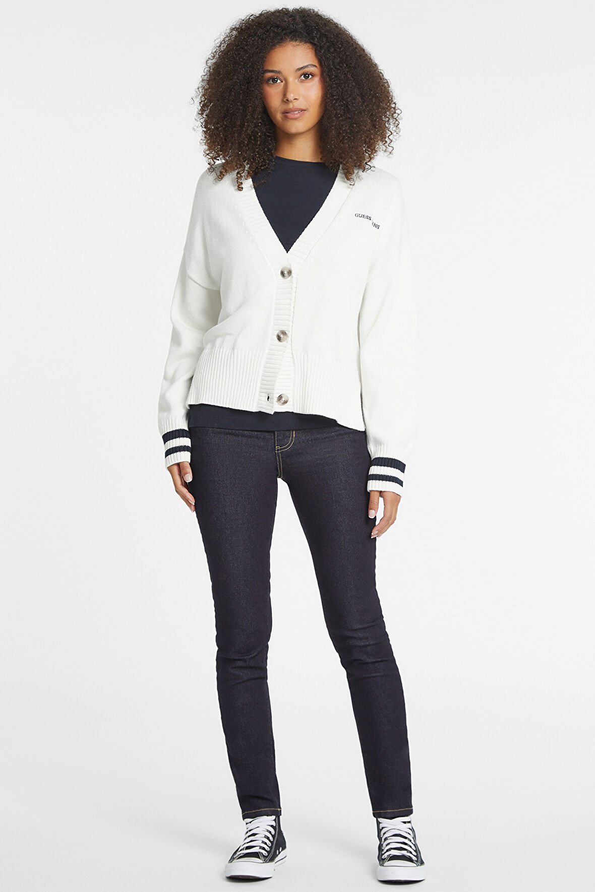 Kadın GJ LS VN Nakış İşleme Logolu Hırka - Beyaz | S