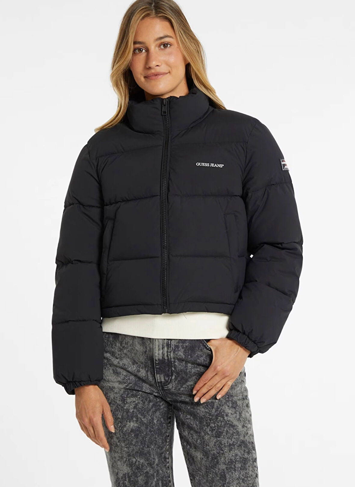 Guess Jeans Siyah Kadın Mont GJ CROPPED PUFFER - RECY COATED LIG