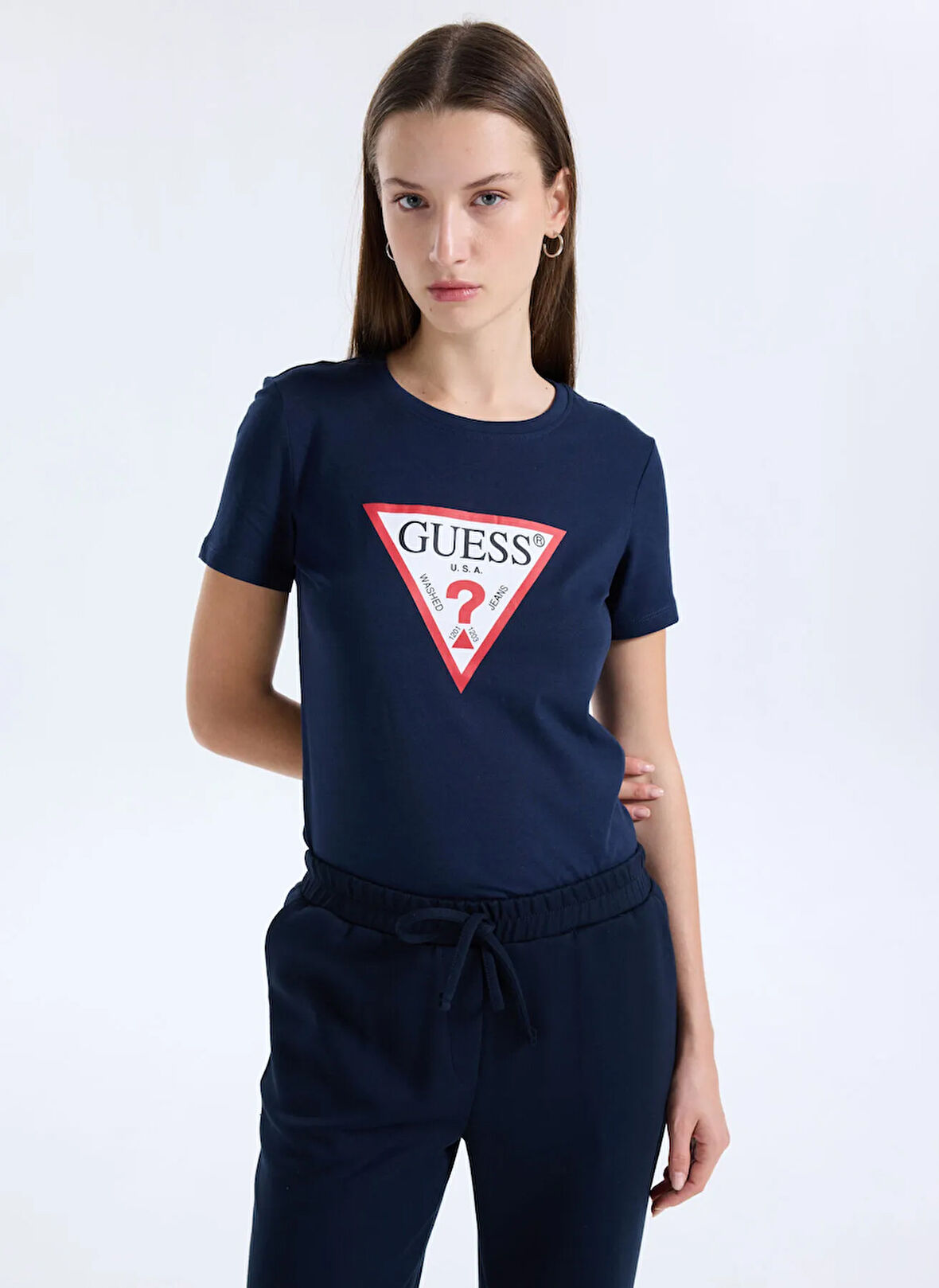 Guess Yuvarlak Yaka Baskılı Mavi Kadın T-Shirt Original Kadın Slim Fit T-Shirt