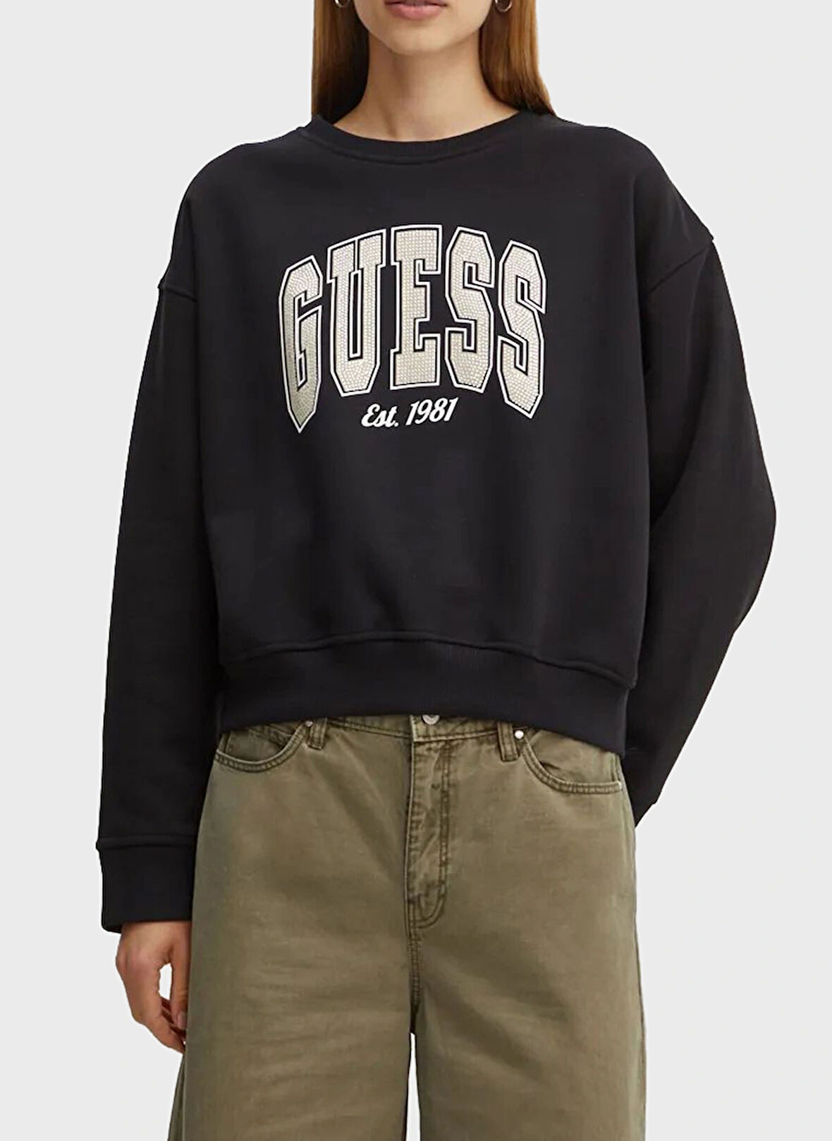 Guess Bisiklet Yaka Desenli Siyah Kadın Sweatshırt CN COLLEGE SWEATSHIR - ORG CO DIAGO