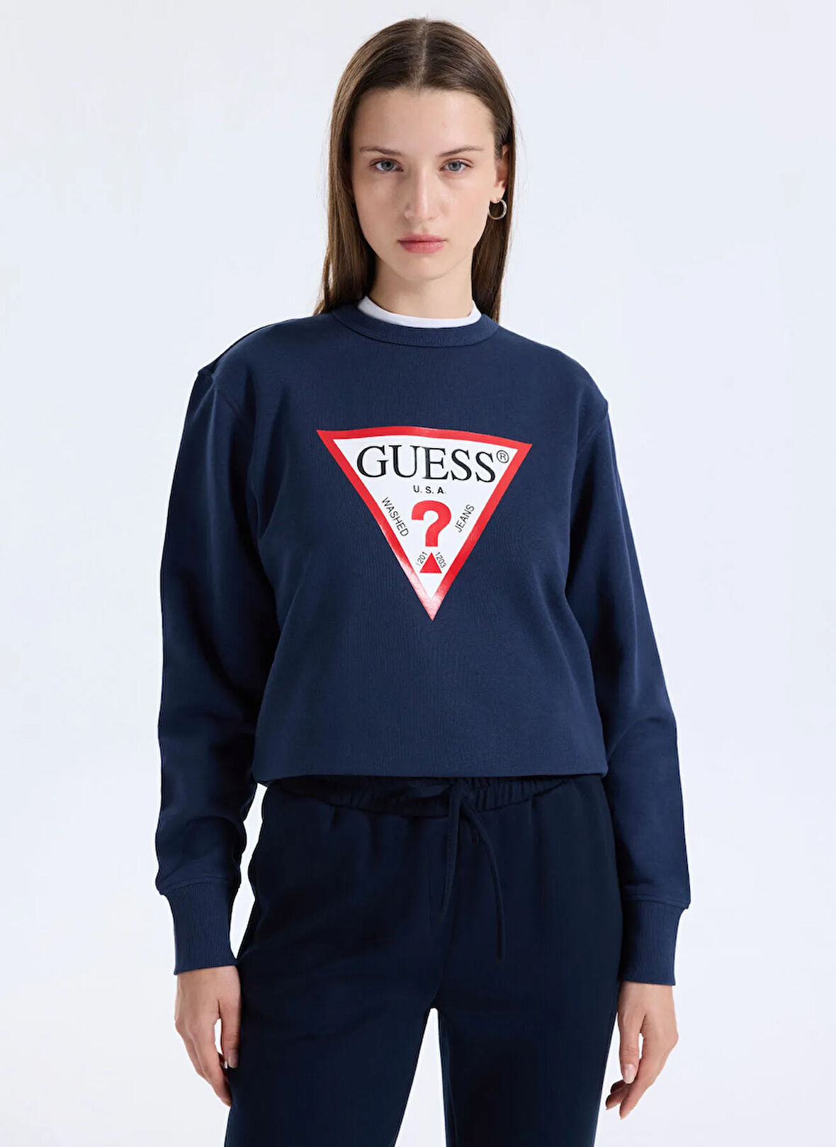 Guess Yuvarlak Yaka Baskılı Mavi Kadın Sweatshırt Original Fleece Kadın Sweatshirt