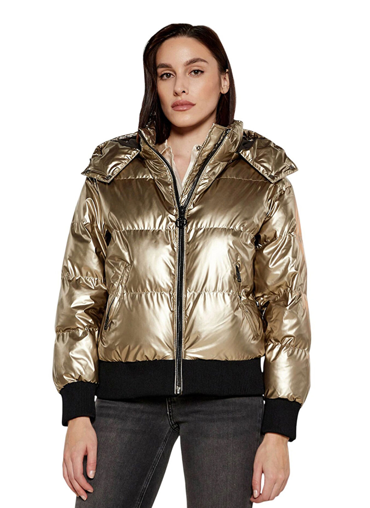 Guess Sarı Kadın Mont BICE METALLIC HOODIE - POLY METALLI