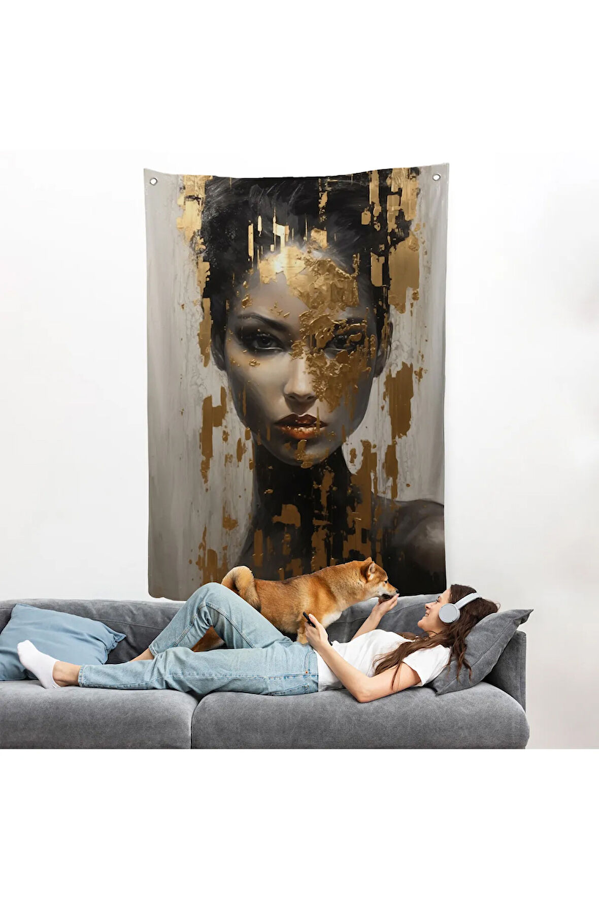 Altın Detaylı Güzel Kadın Duvar Örtüsü-7625