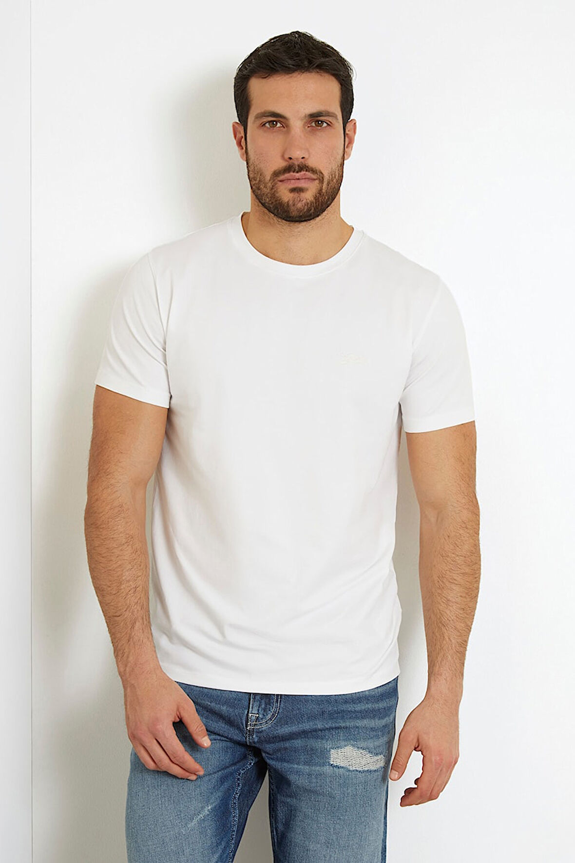 Erkek Guess Nakış İşleme Logolu T-Shirt - Beyaz | L