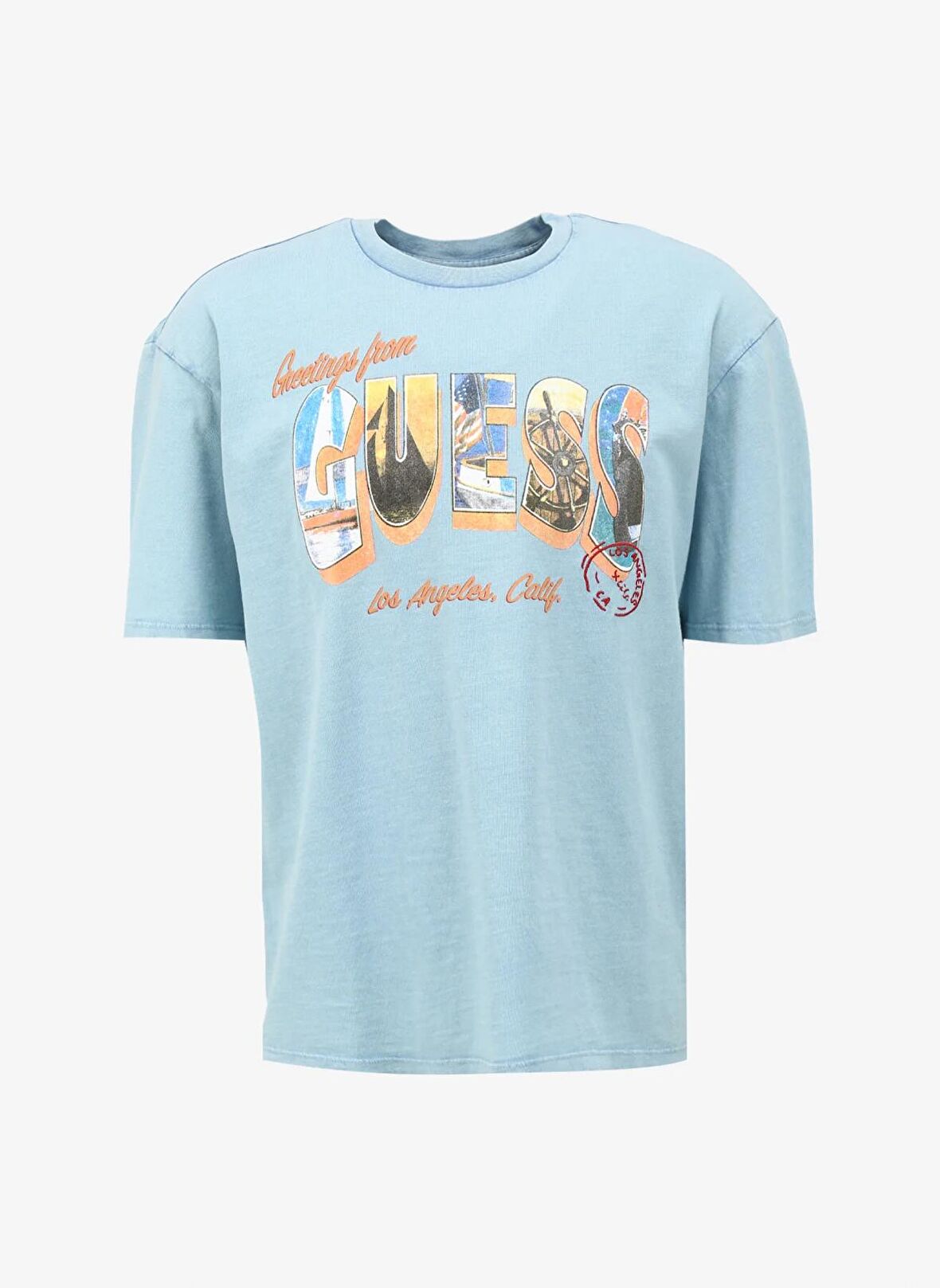 Guess Bisiklet Yaka Baskılı Mavi Erkek T-Shirt M4GI44KC6U1FB3G_SS BSC GUESS POSTCA