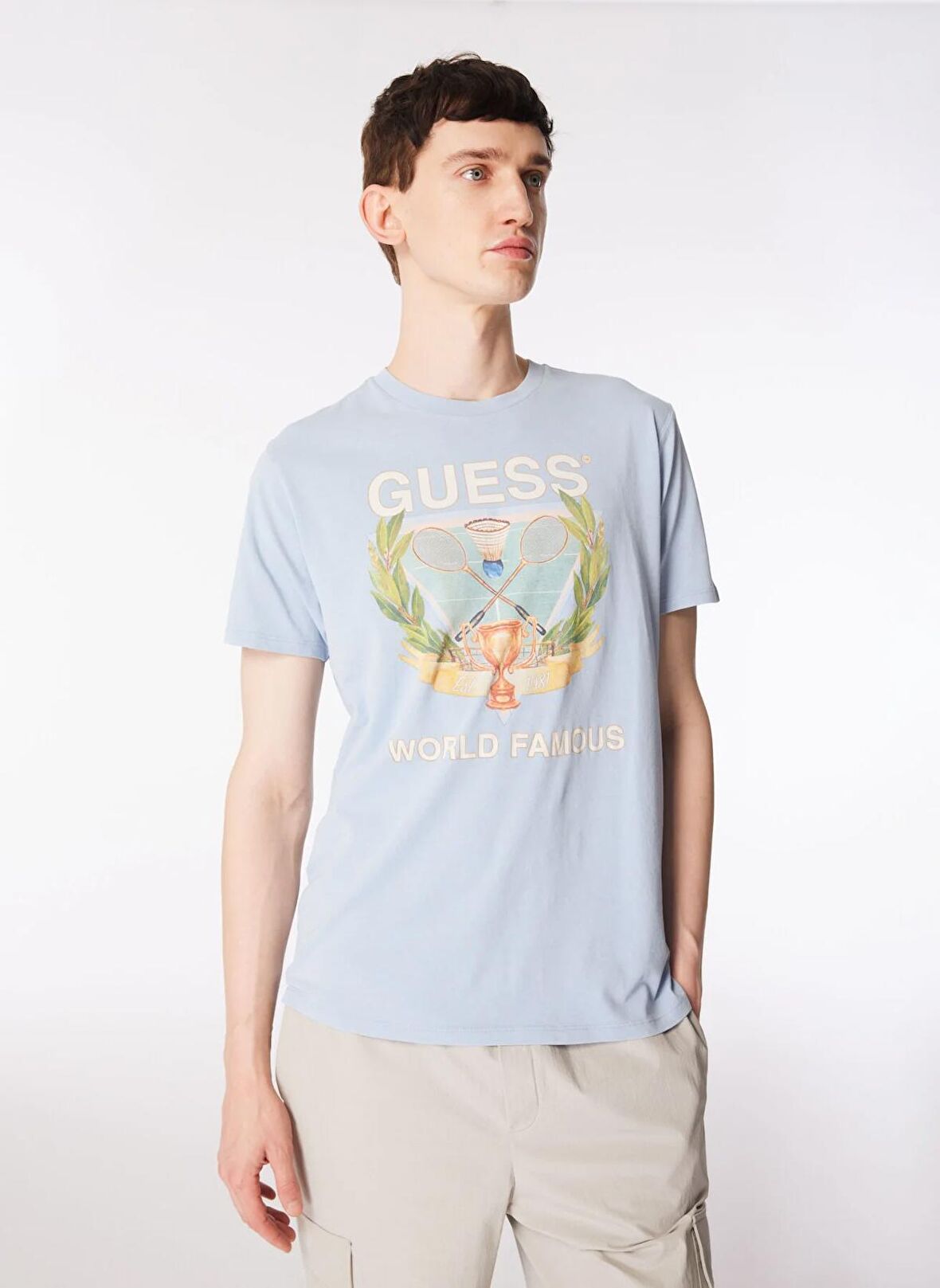 Guess Bisiklet Yaka Baskılı Mavi Erkek T-Shirt M4GI60K9RM1FB3H_SS BSC WORLD FAMOUS