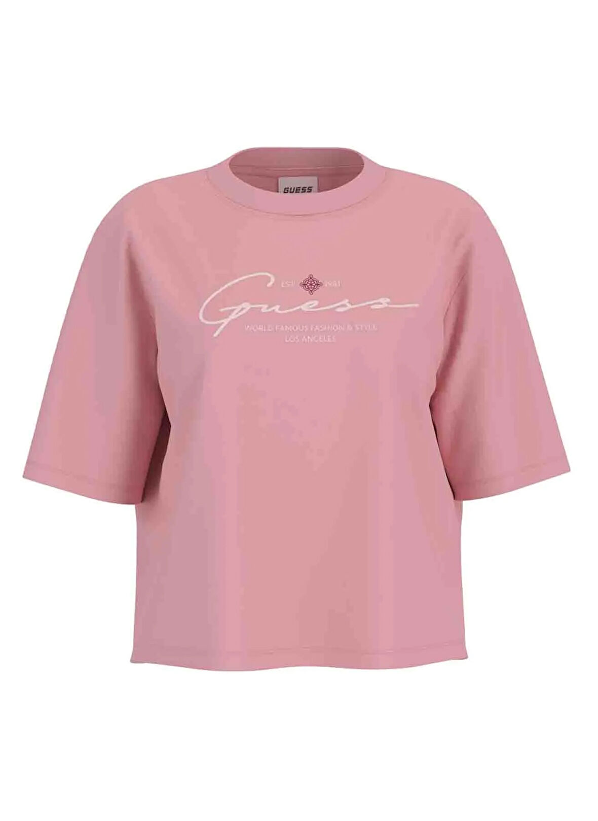 Guess V5RI12I3Z14G6J8 GUESS SIGNATURE TEE Pembe Yuvarlak Yaka Box Fit Desenli Kadın T-Shirt