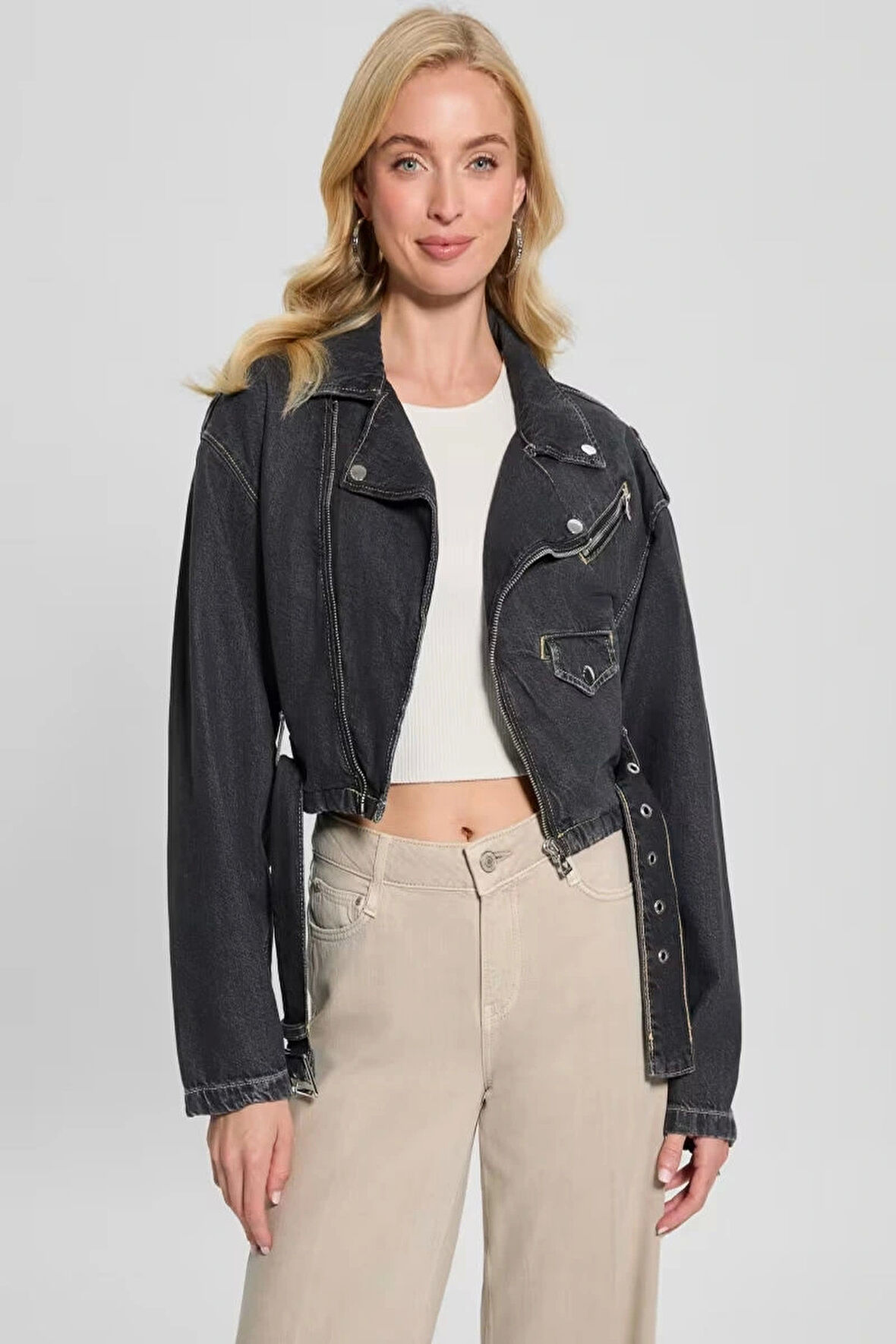 Guess Kadın Siyah Eco Sandy Denim Biker Ceket
