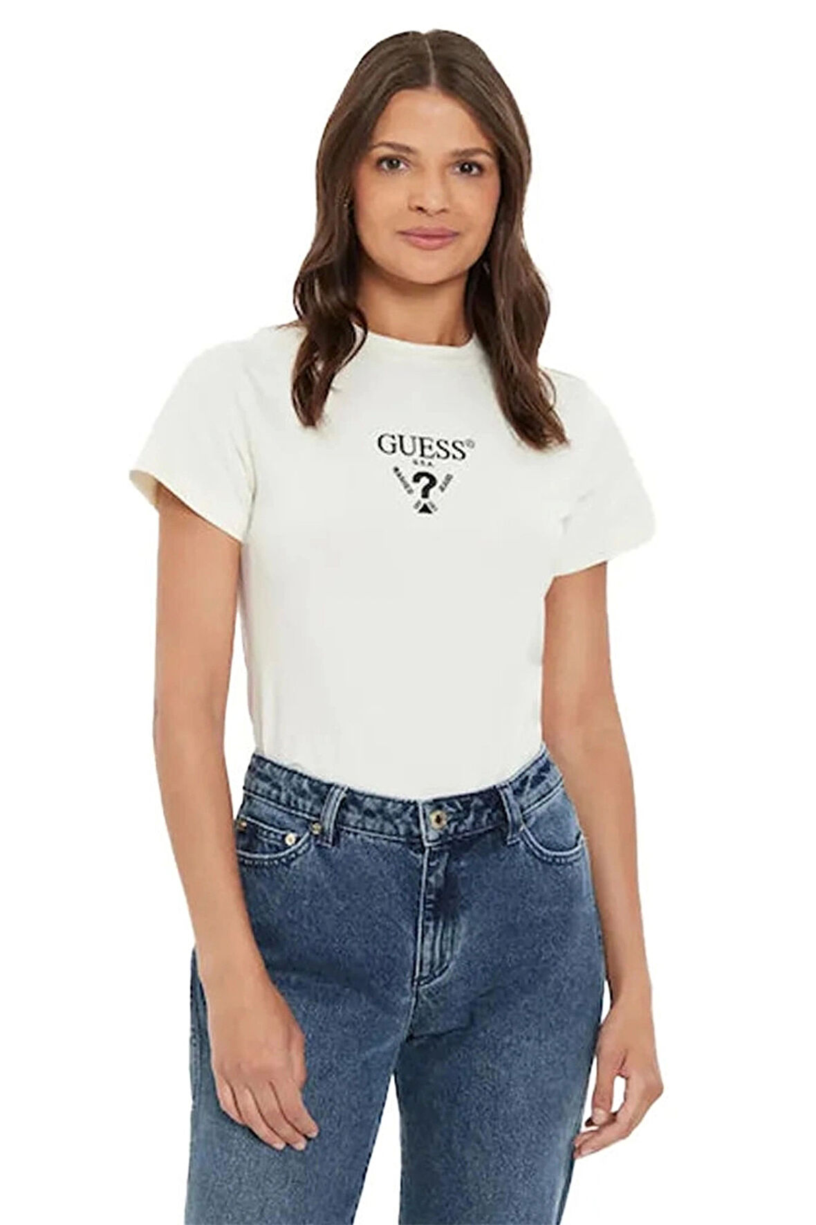 Guess Kadın Siyah Önü Logolu T-Shirt