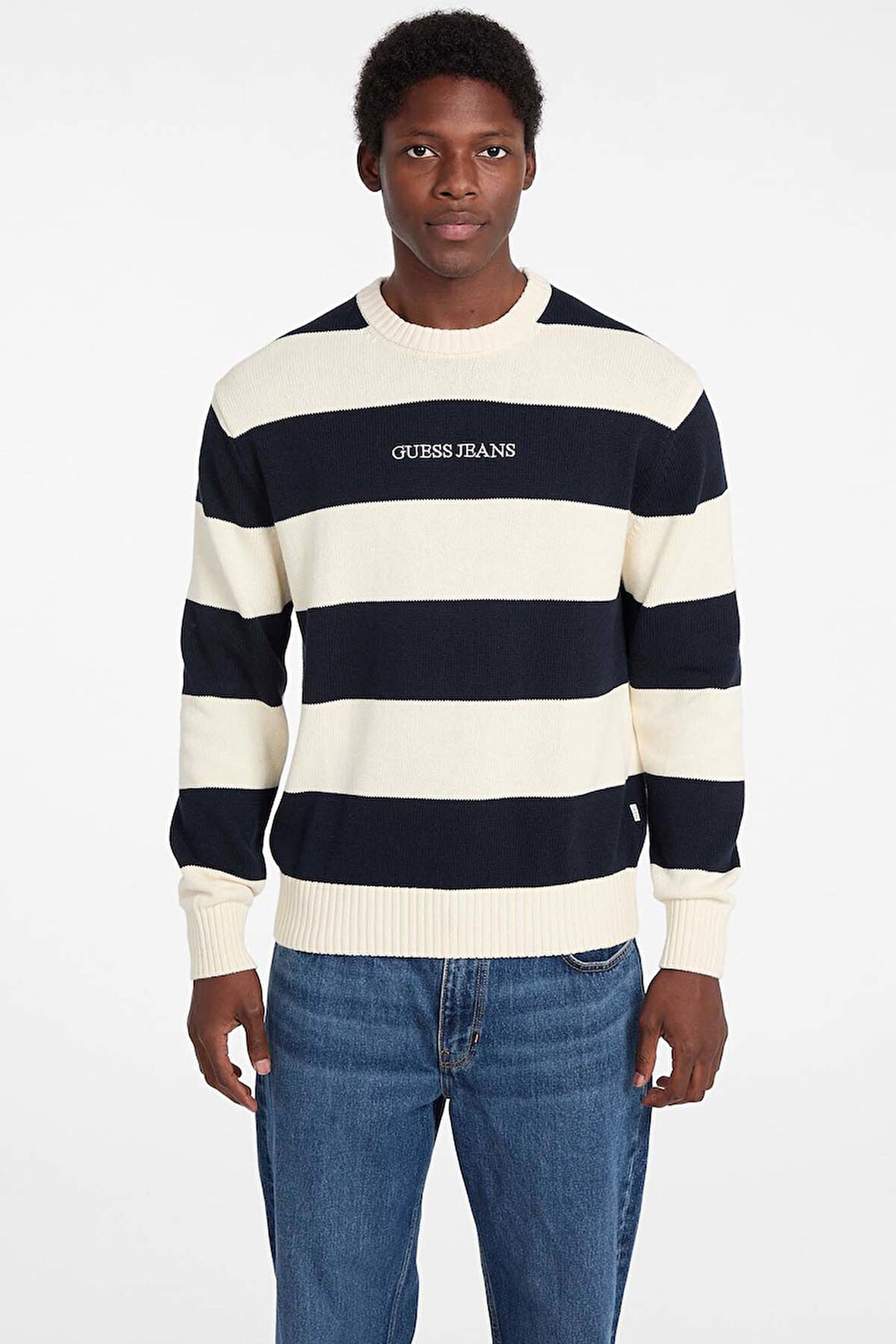 Erkek Triko Çizgili Bisiklet Yaka Kazak - Lacivert/Ekru | S