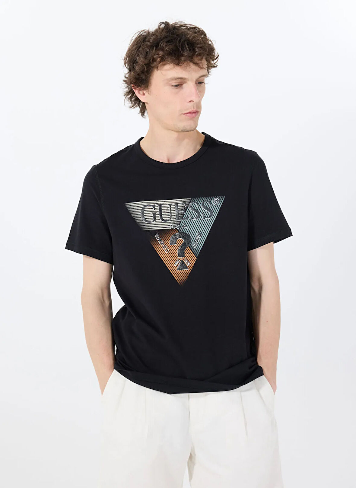 Guess Bisiklet Yaka Desenli Siyah Erkek T-Shirt M5RI14J1314JBLK SS CN GUESS TRI ST