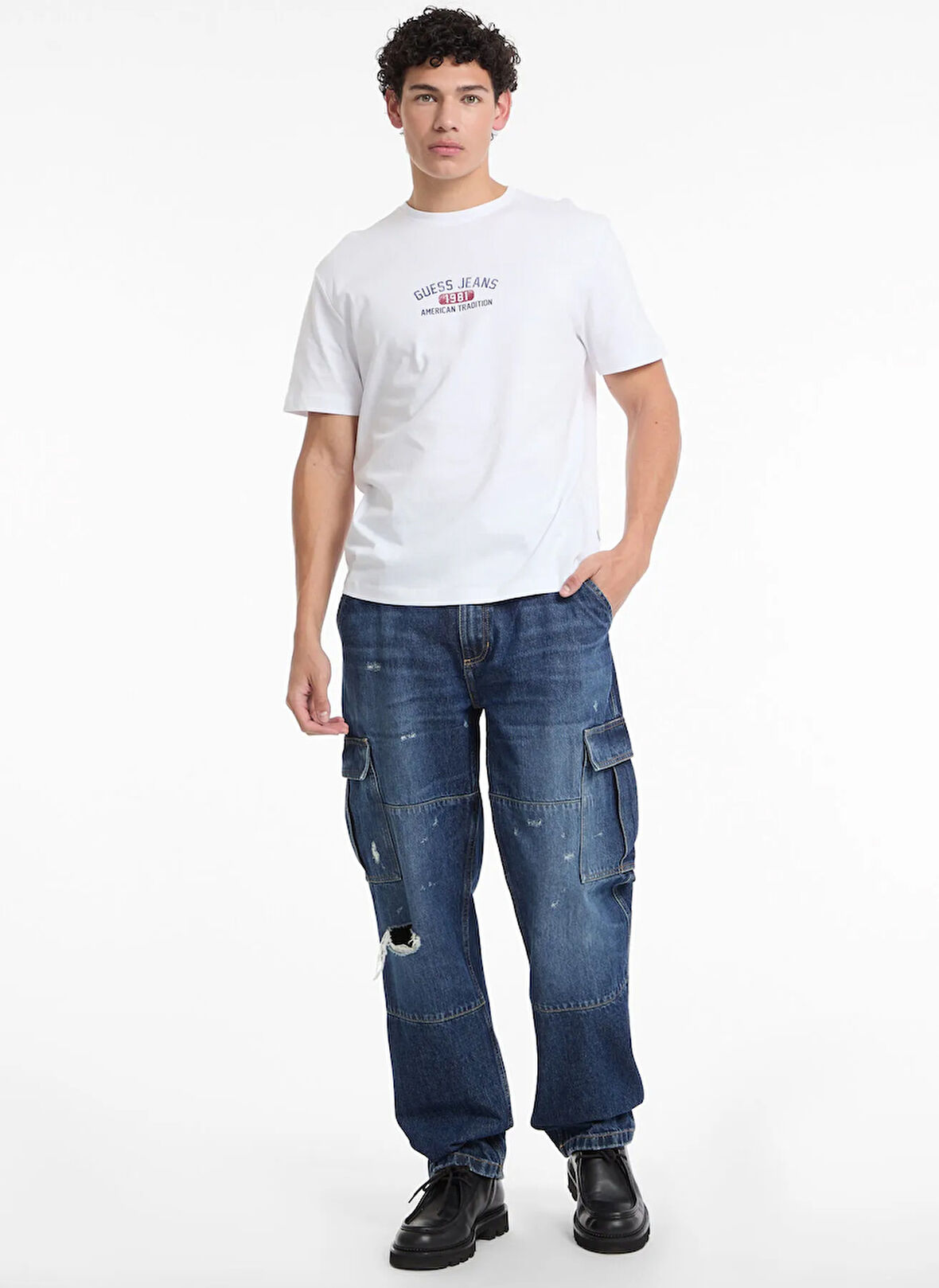 Guess Jeans Bisiklet Yaka Desenli Beyaz Erkek T-Shirt M5RI77K8FQ4G011 GJ SS CN REG PRINT
