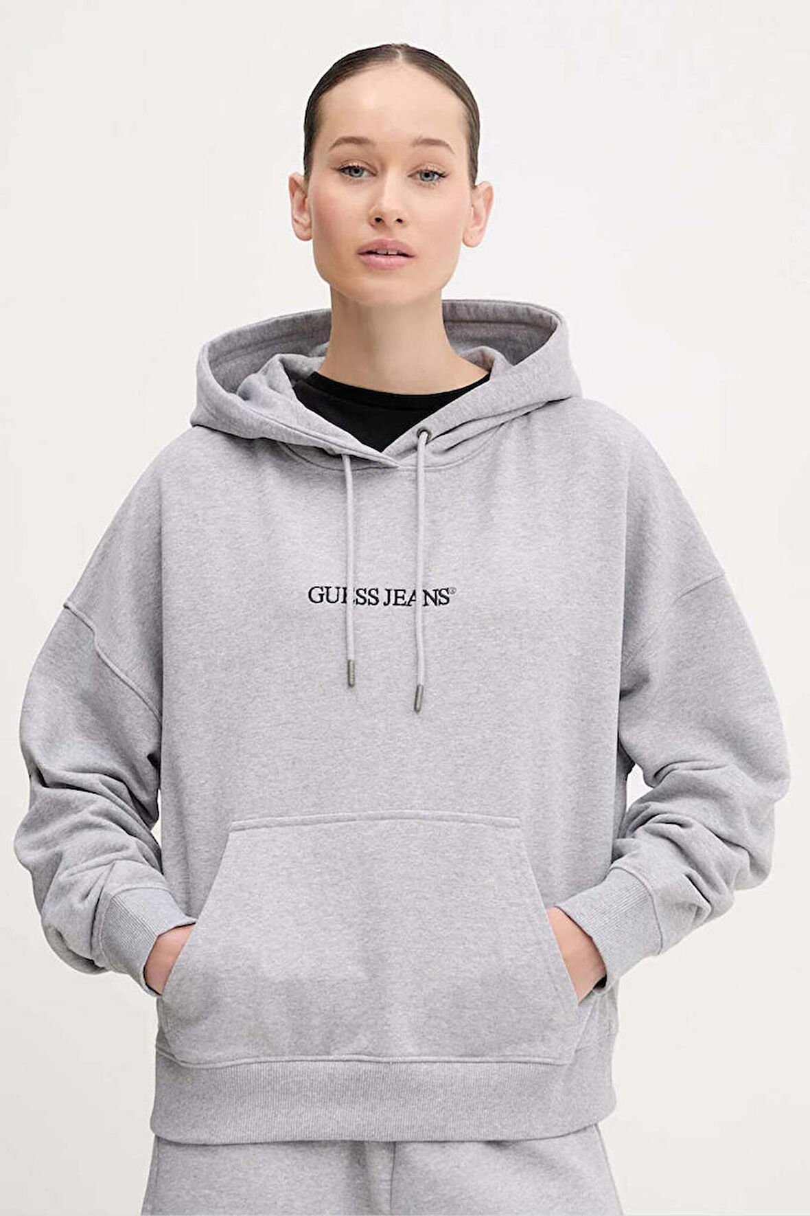 Kadın Kapüşonlu Nakış Logolu Oversize Sweatshirt - Gri | L