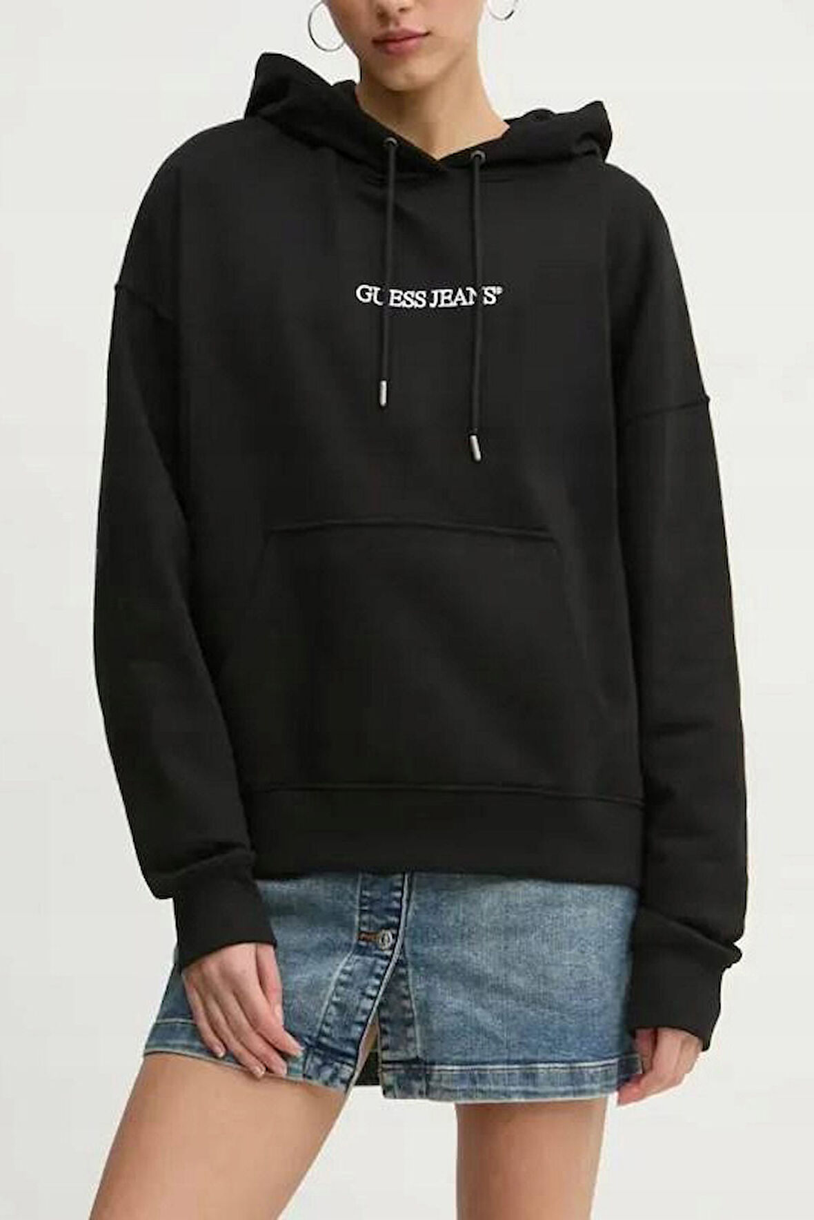 Kadın Kapüşonlu Nakış Logolu Oversize Sweatshirt - Siyah | L