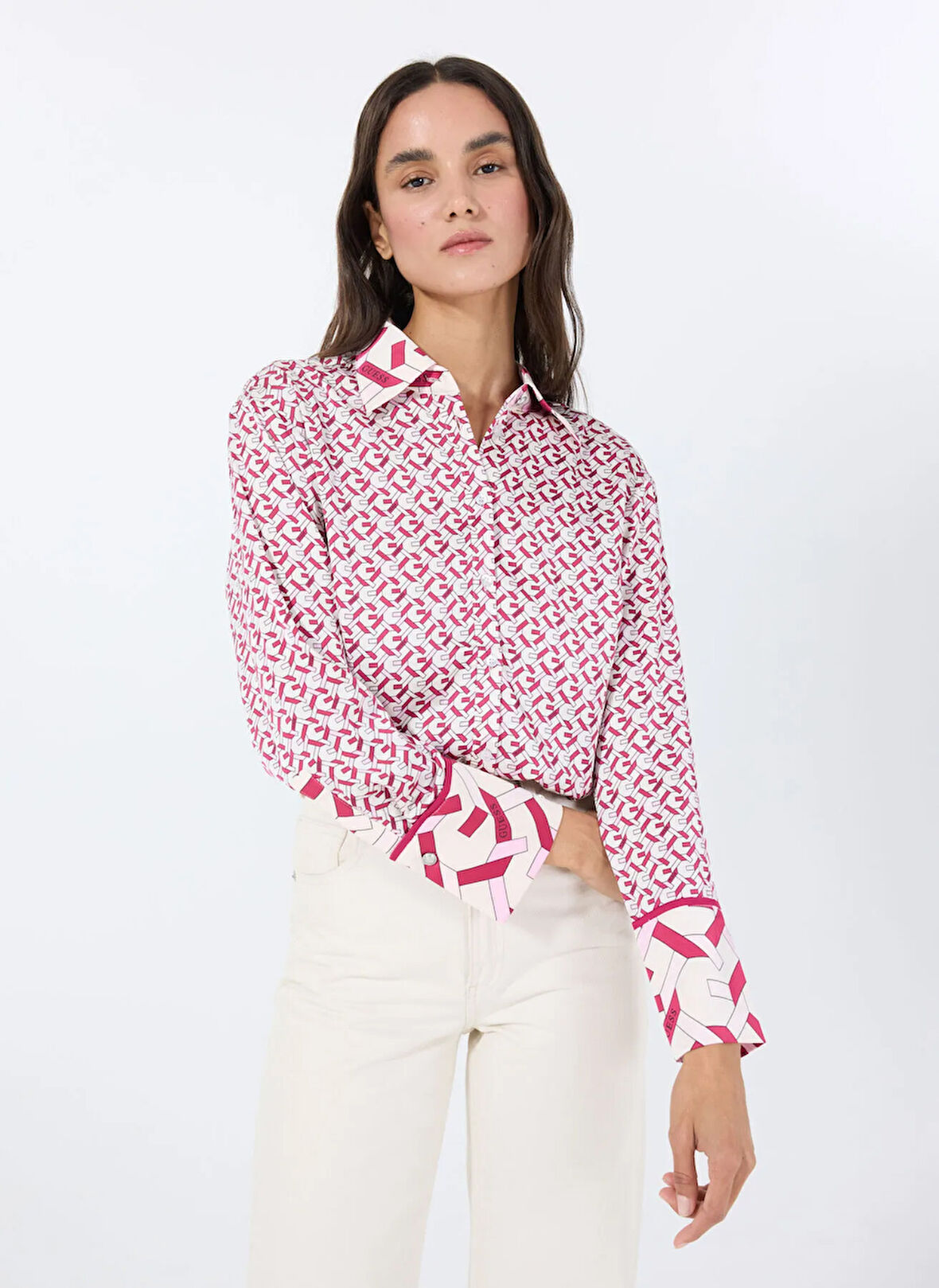 Guess Slim Fit Düz Pembe Kadın Gömlek LS ALEXANDRA SHIRT - RECY POLY UMA