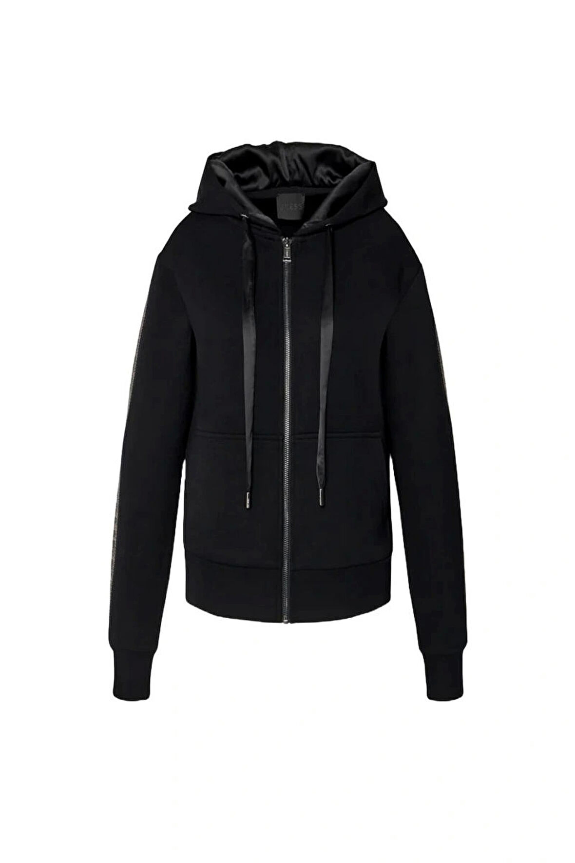 Guess Kadın Siyah Kapüşonlu Scuba Taşlı Fermuarlı Sweatshirt