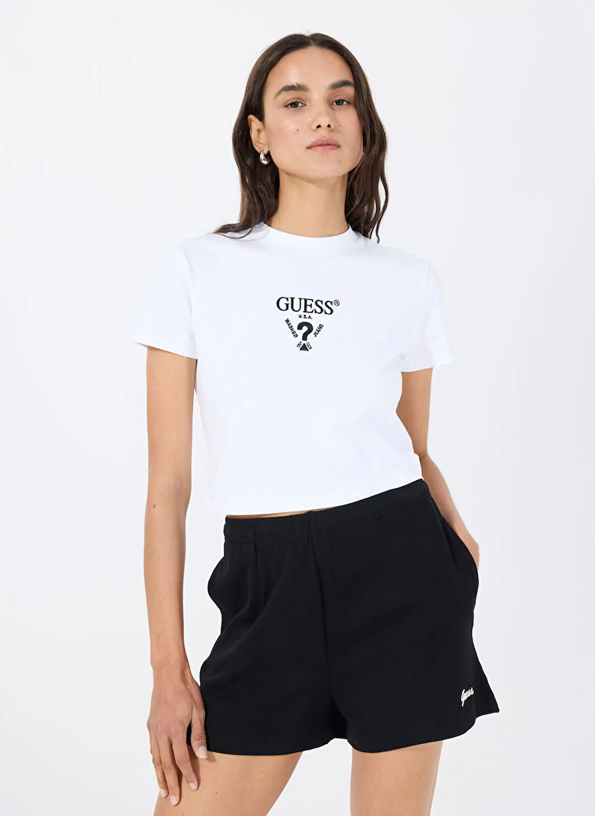 Guess V4YI20KCDH1G011 COLETTE CROP TEE Beyaz Yuvarlak Yaka Box Fit Desenli Kadın T-Shirt