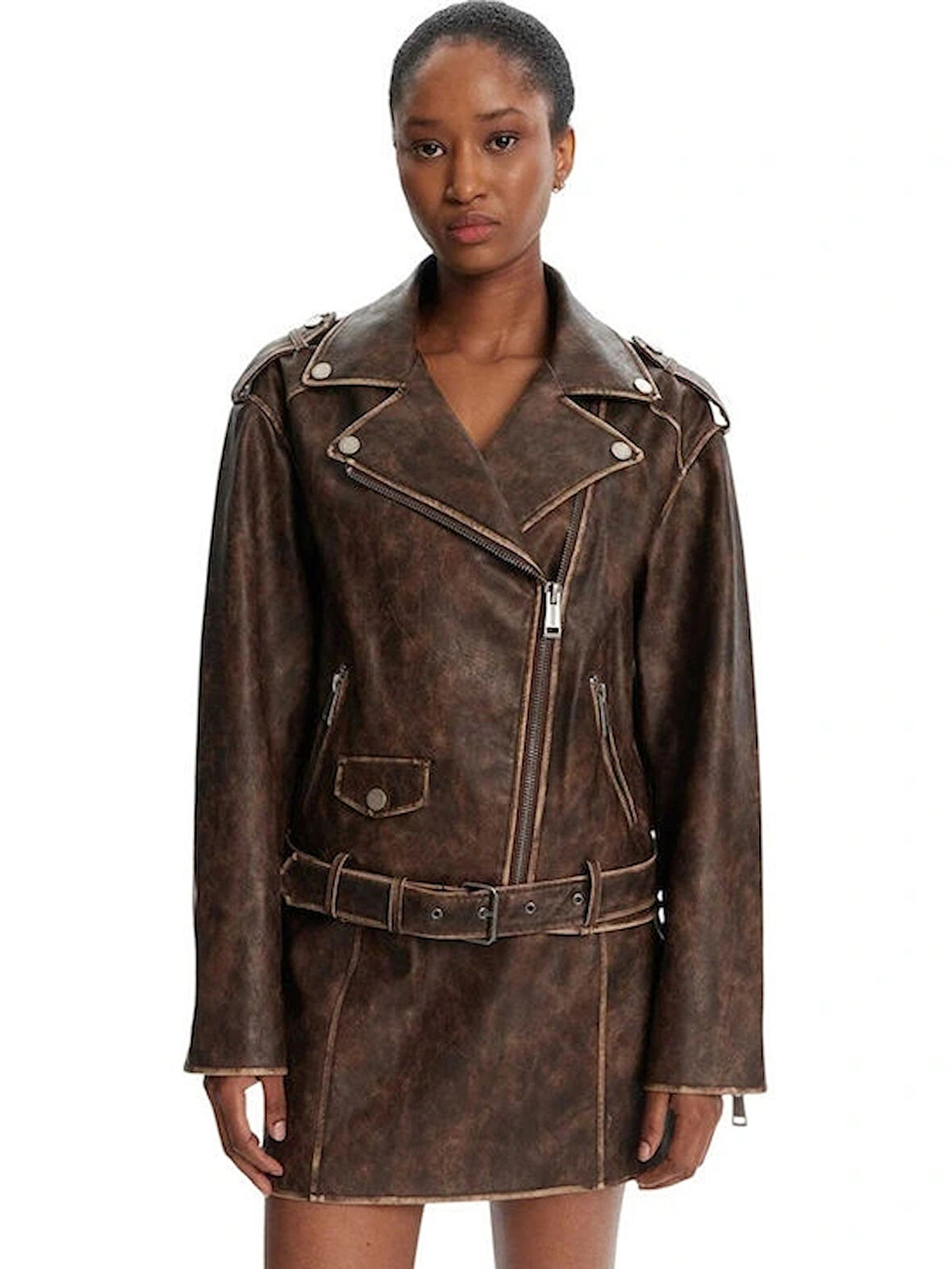 Guess Charlene Kadın Kahverengi Biker Ceket W5YL04WHDI0-F1GQ