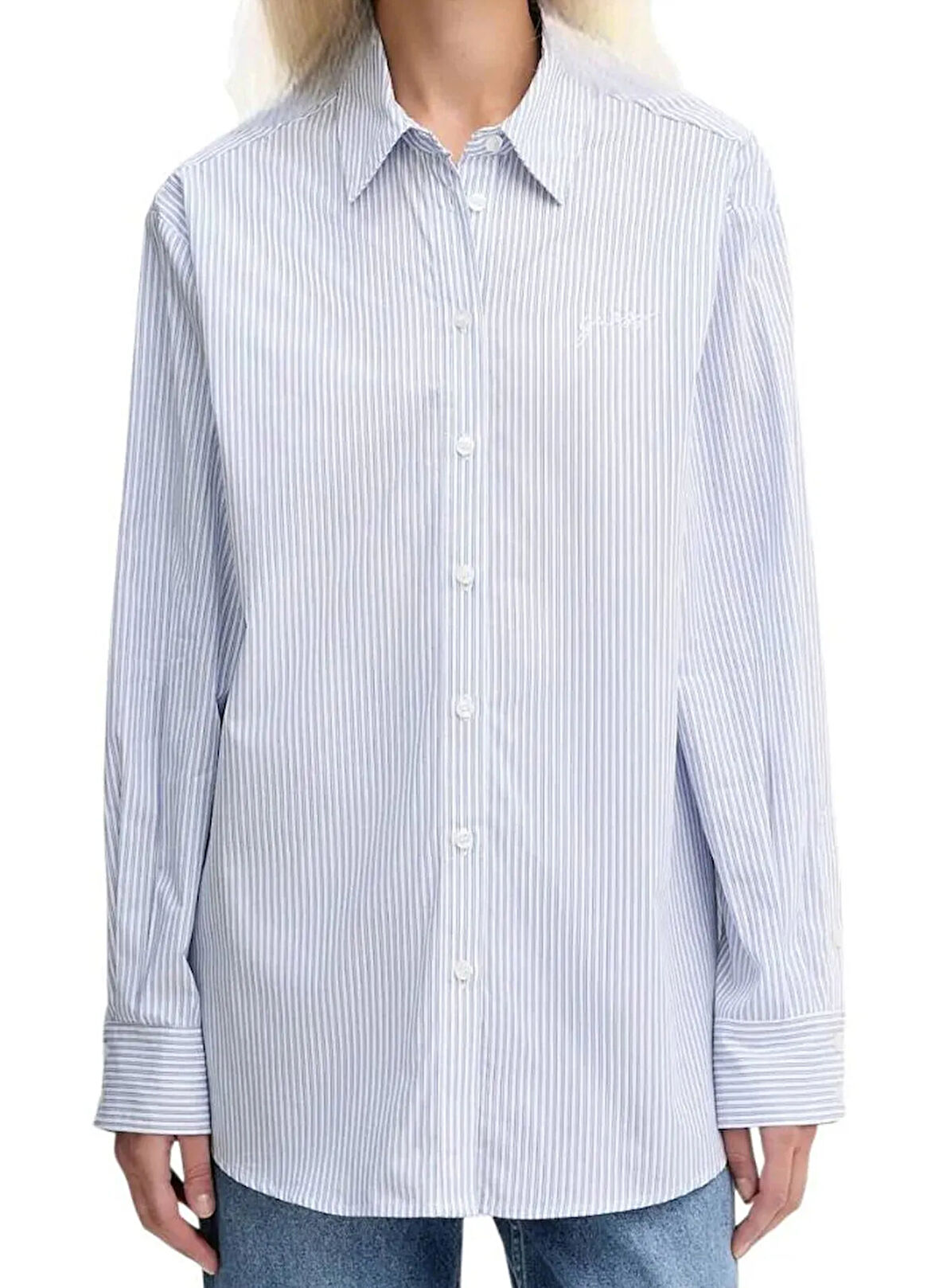 Guess Regular Fit Gömlek Yaka Çizgili Beyaz - Mavi Kadın Gömlek Lauriane Kadın Regular Fit Gömlek