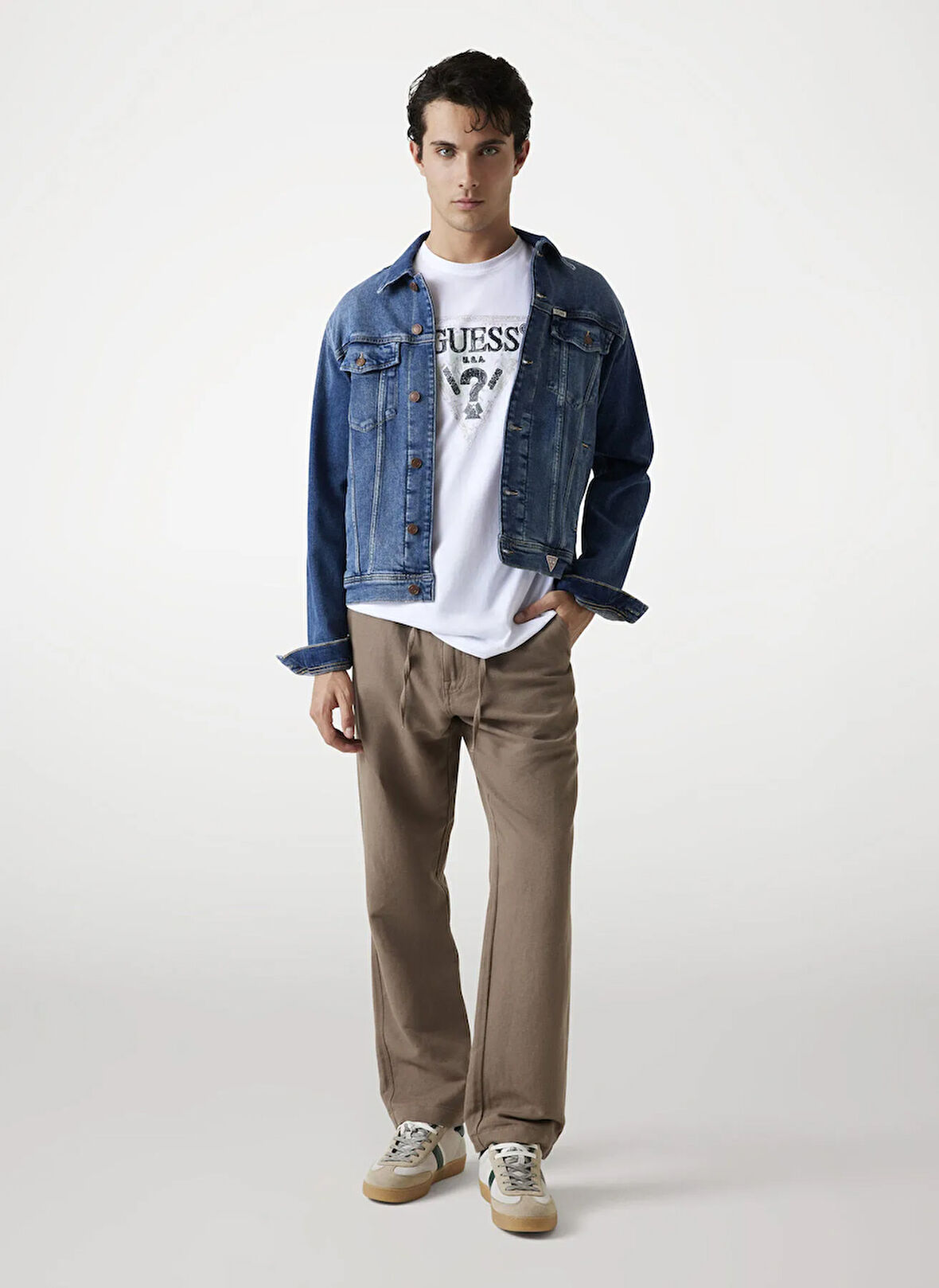 Guess Bisiklet Yaka Baskılı Beyaz Erkek T-Shirt M5YI15I3Z14-G011 Triangle Erkek Reg