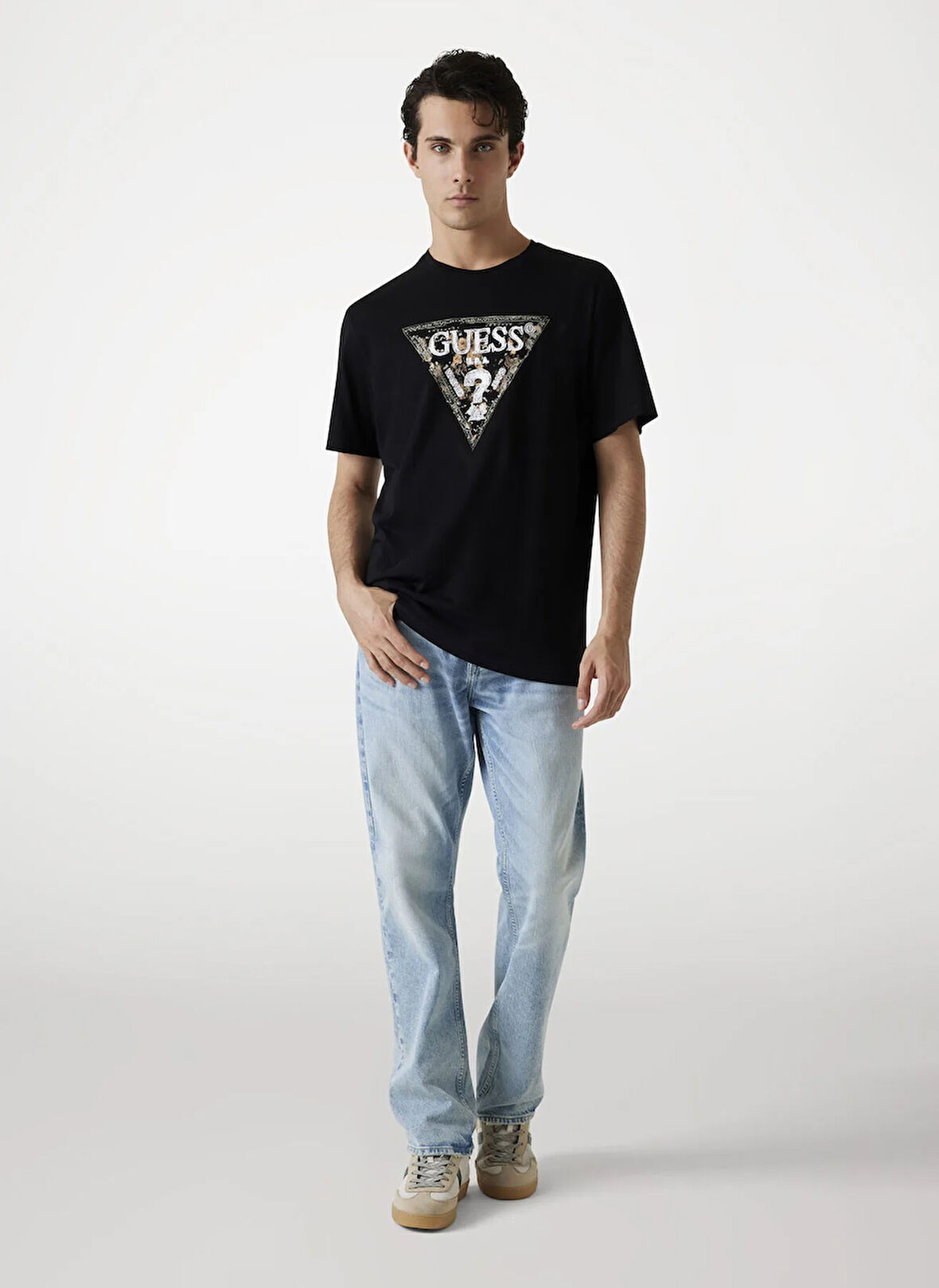 Guess Bisiklet Yaka Baskılı Siyah Erkek T-Shirt M5YI15I3Z14-JBLK Triangle Erkek Reg