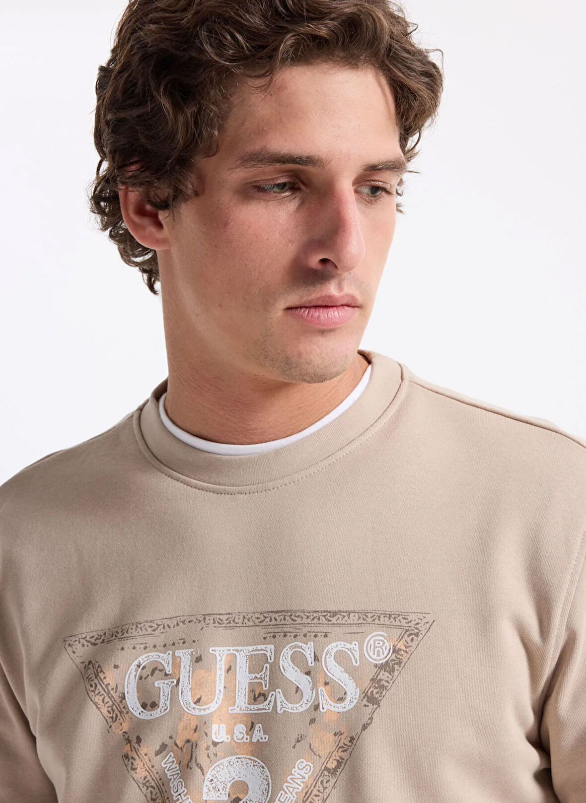 Guess Bisiklet Yaka Bej Erkek Sweatshırt M5YQ05K68I4-G1CA Triangle Erkek Sw