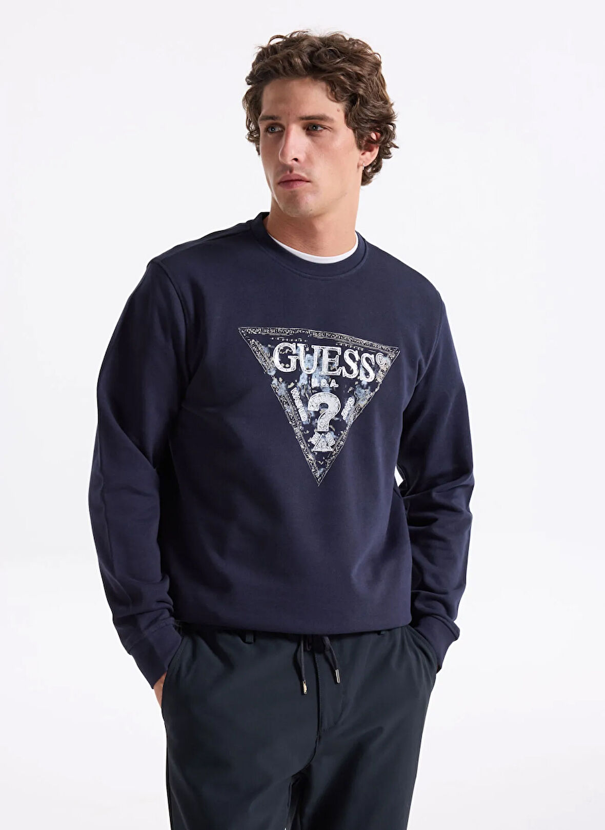 Guess Bisiklet Yaka Lacivert Erkek Sweatshırt M5YQ05K68I4-G7V2 Triangle Erkek Sw