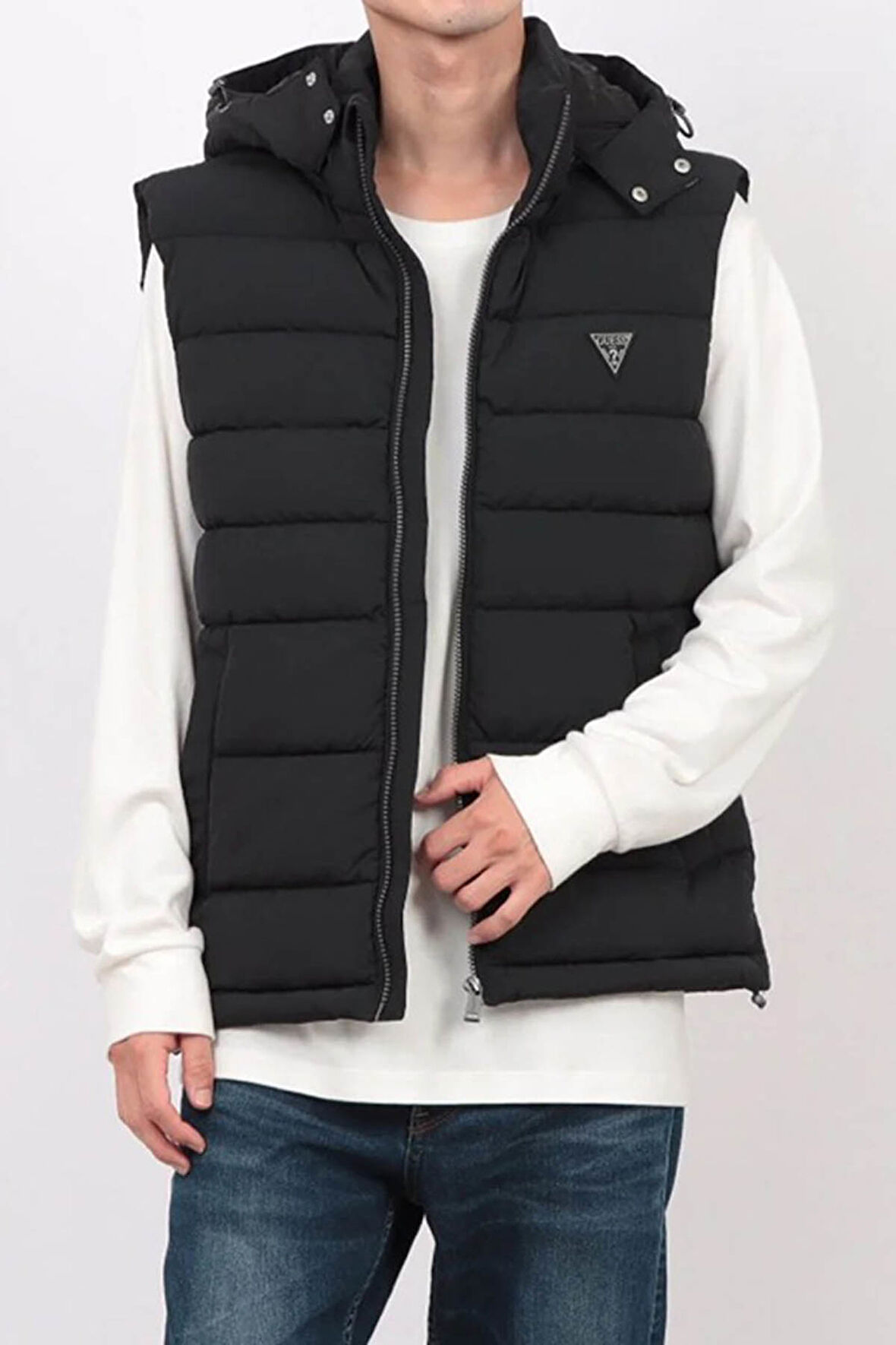 Erkek Kapüşonlu Fermuarlı Şişme Yelek - Siyah | S