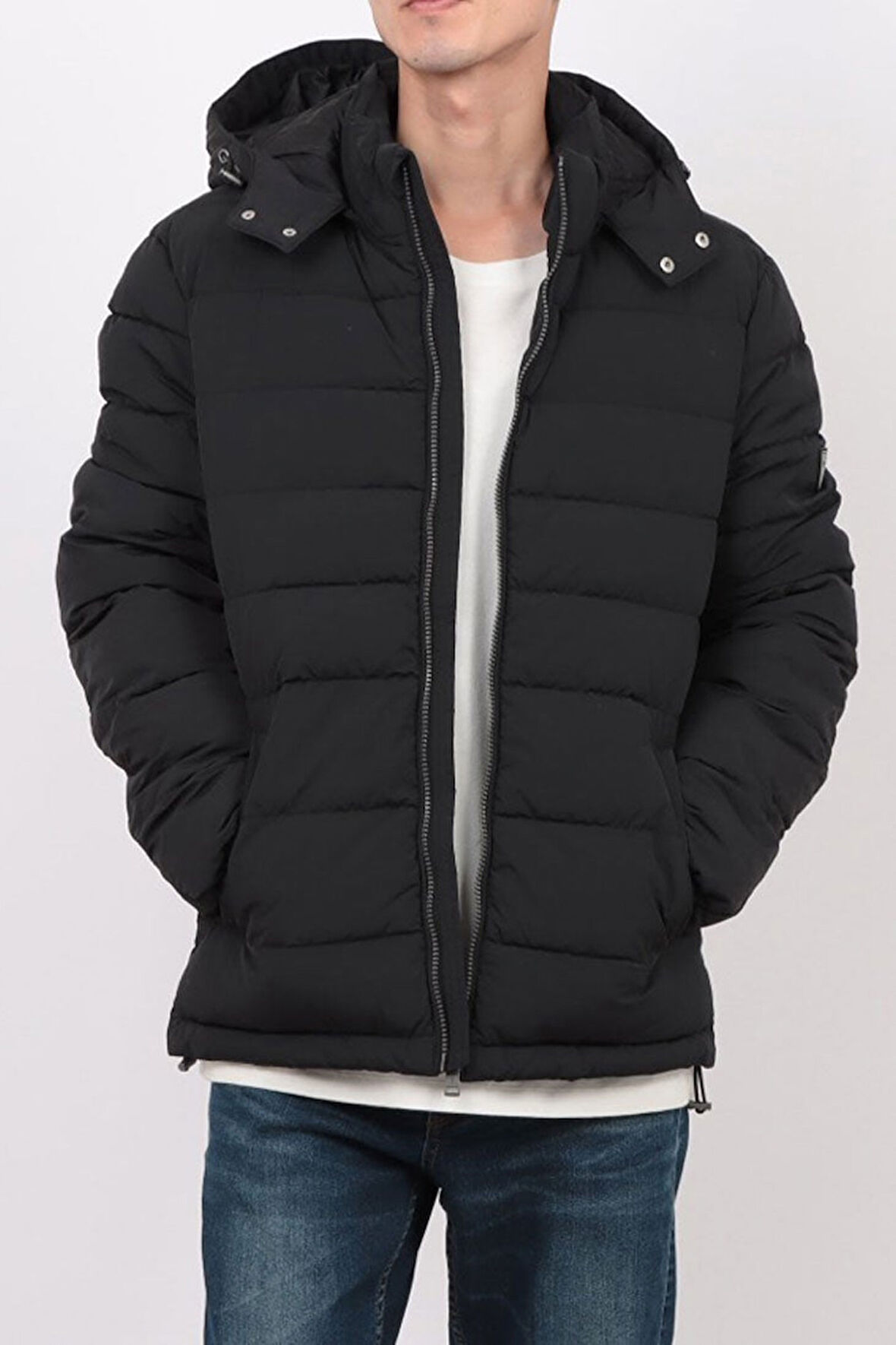 Erkek Kapüşonlu Fermuarlı Şişme Mont - Siyah | L