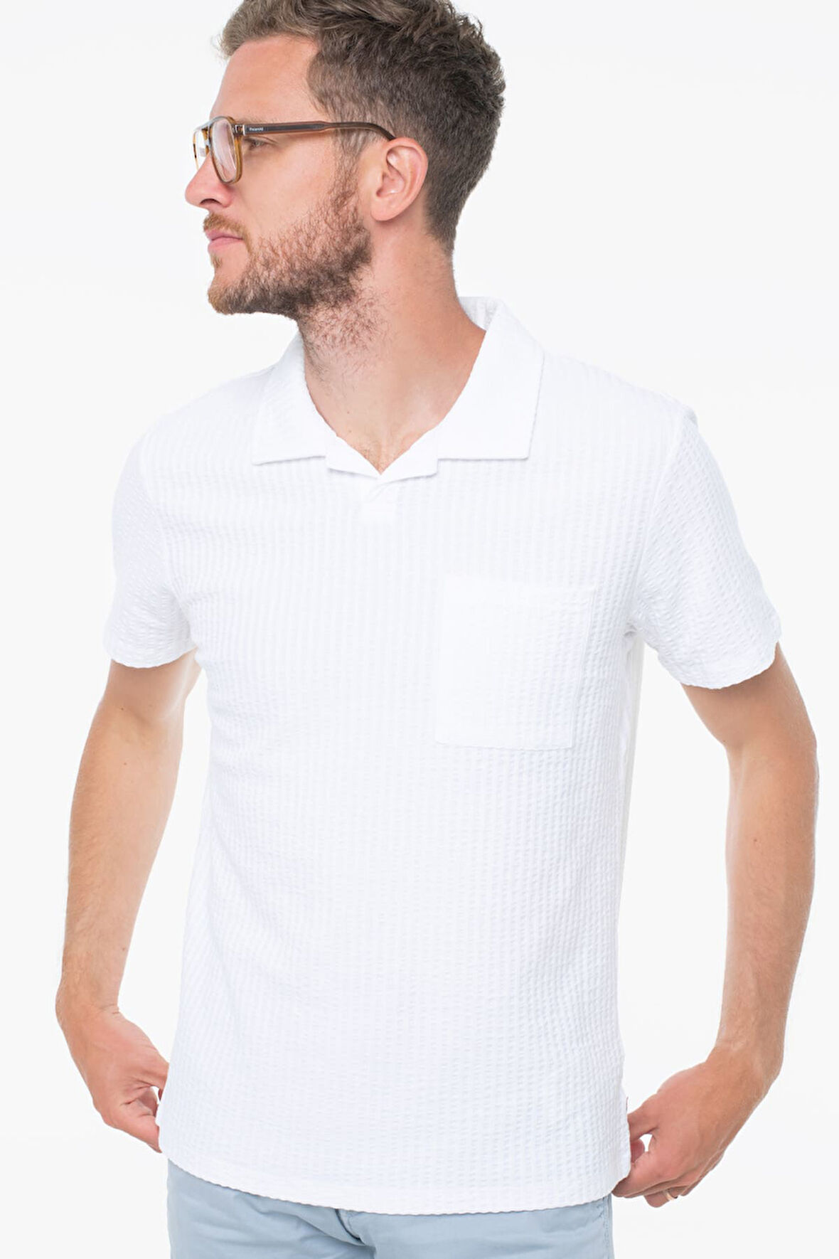 Erkek Seersucker  Gofre Kumaş T-Shirt - Beyaz | XL