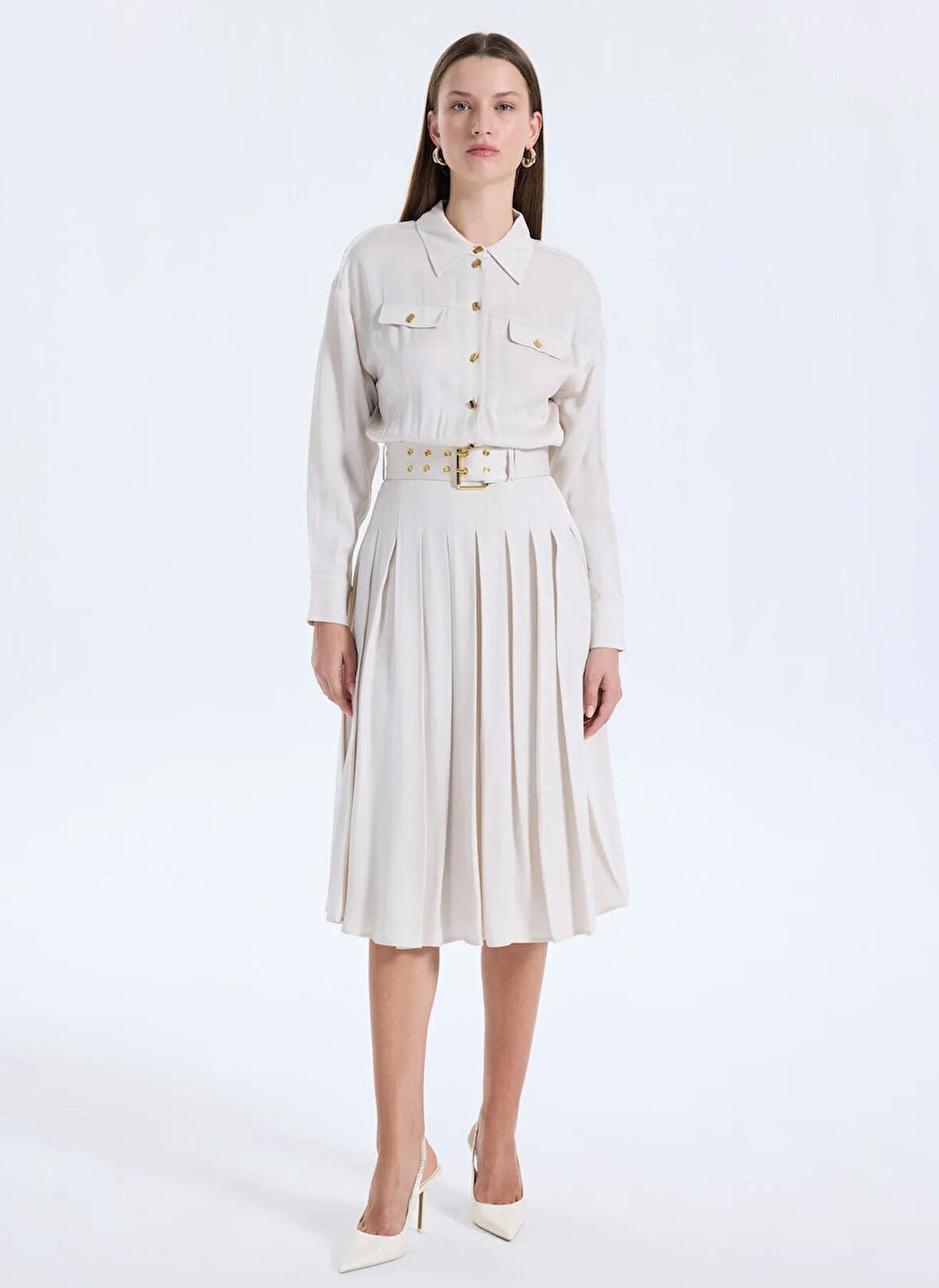 Guess Gömlek Yaka Düz Krem Uzun Kadın Elbise Anita Kadın Elbise