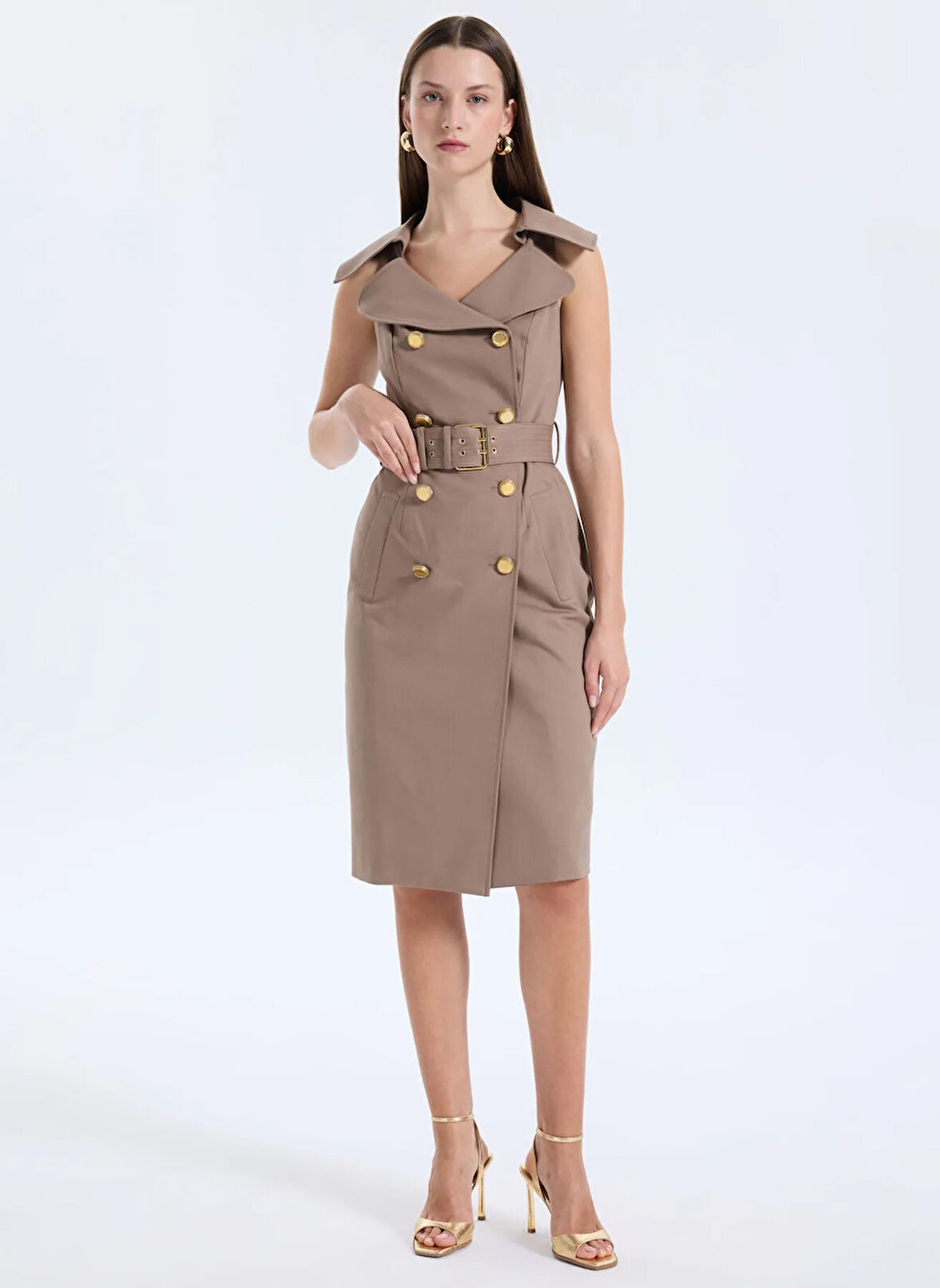 Guess Ceket Yaka Düz Bej Orta Kadın Elbise Nada Kadın Elbise