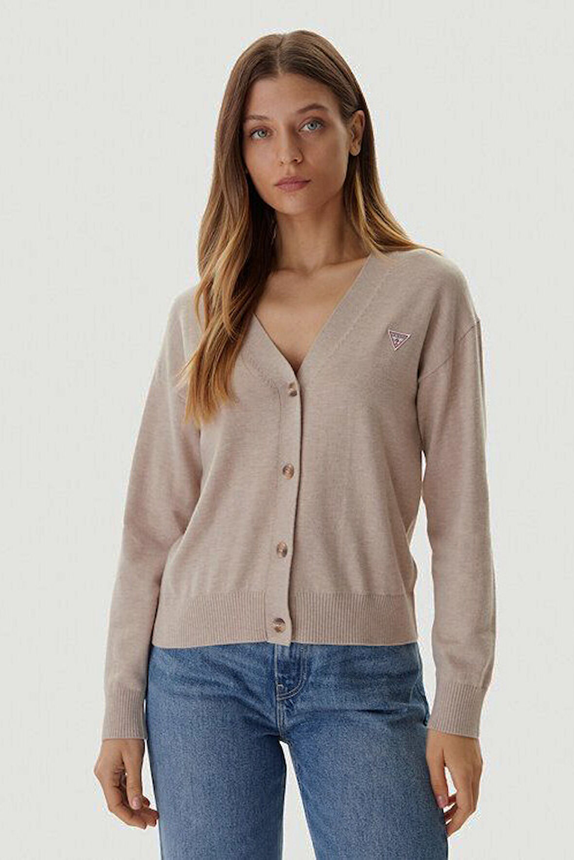 Kadın Regular Fit İpek ve Yün Karışımlı V Yaka Hırka - Bej | S