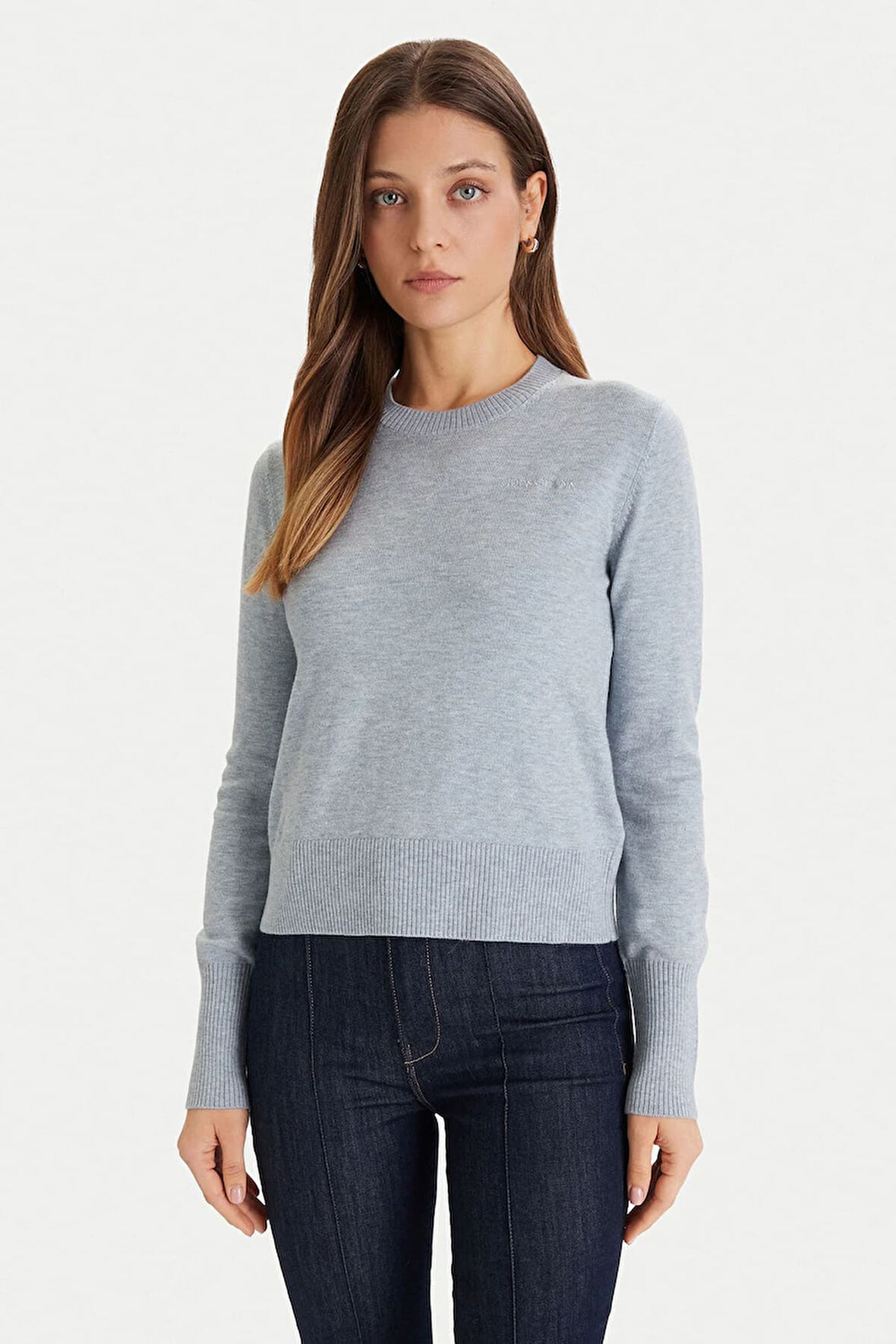 Kadın İpek ve Yün Karışımlı Bisiklet Yaka Kazak - Mavi | XS