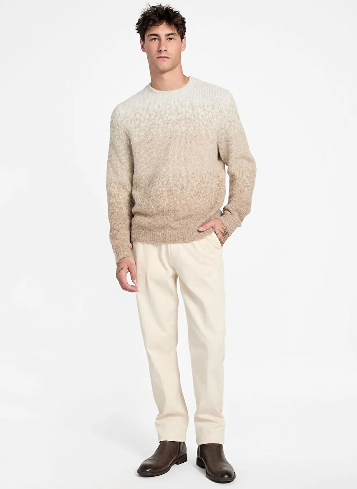 Guess Bisiklet Yaka Standart Çizgili Kahve Erkek Kazak M5BR39Z0932-F1AD Trey Erkek Yün Kar