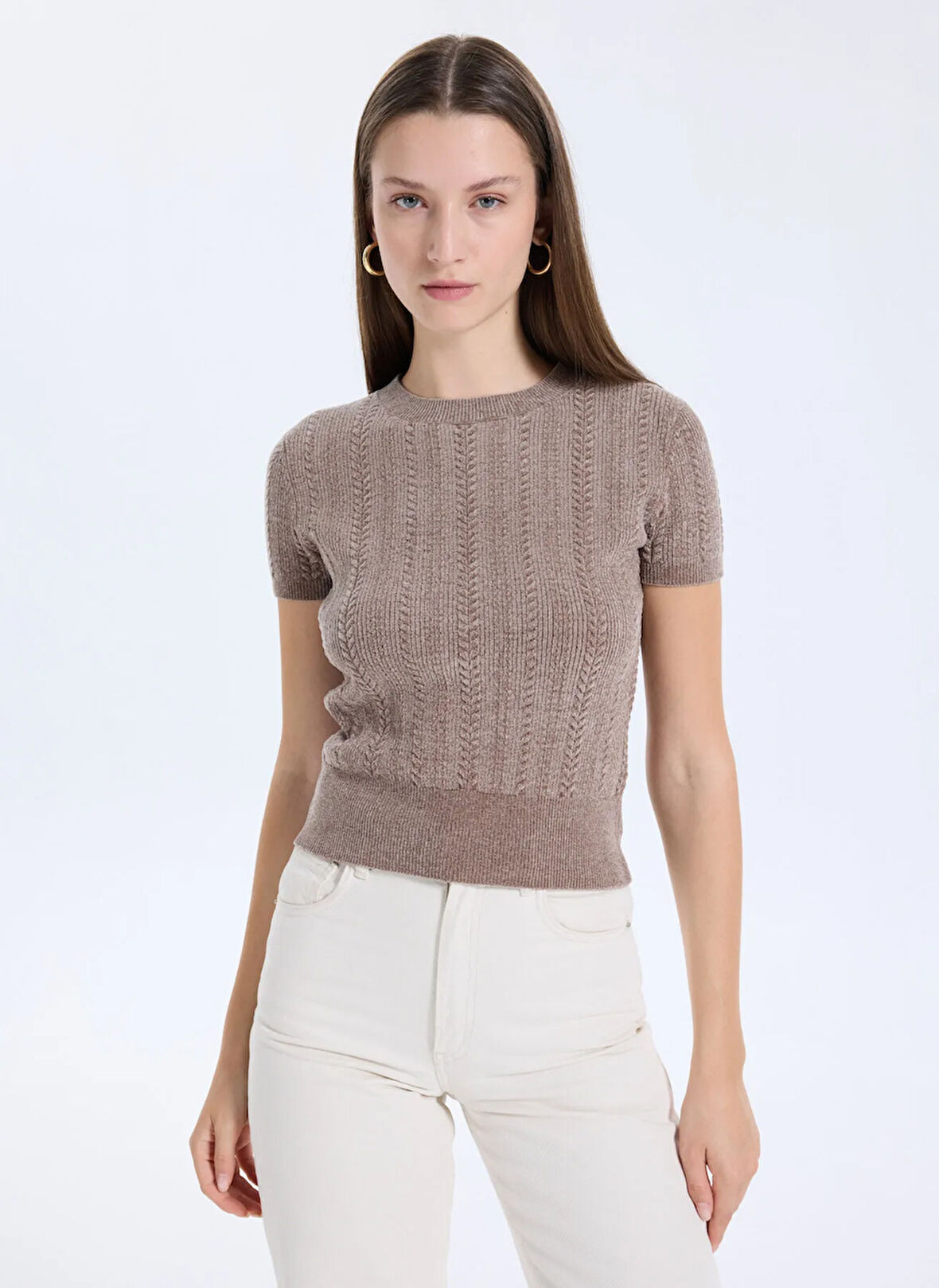 Guess Yuvarlak Yaka Düz Kahve Kadın T-Shirt Chenille Kadın Triko