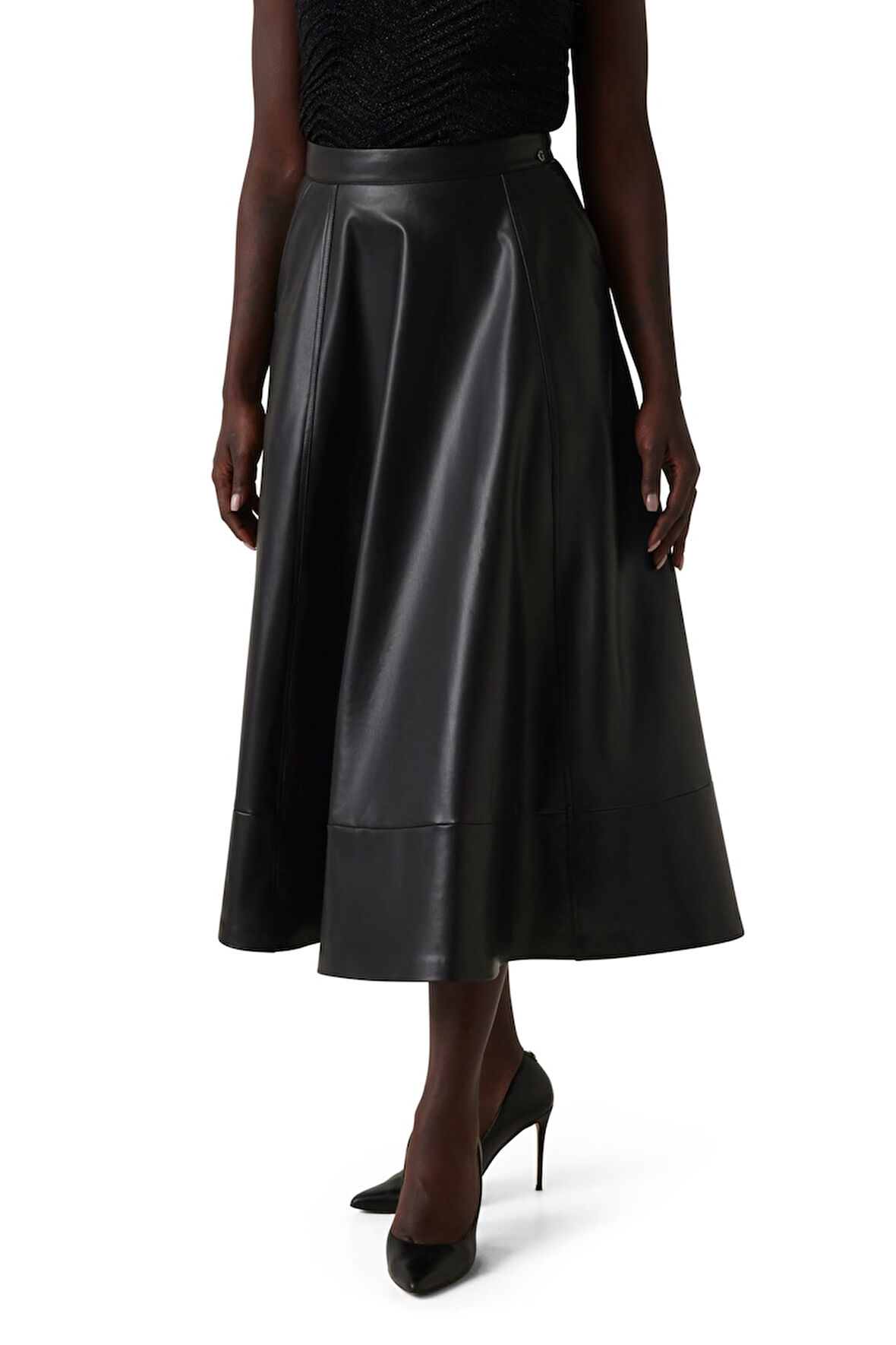 Kadın Yüksek Bel A Kesim Suni Deri Etek - Siyah | XS