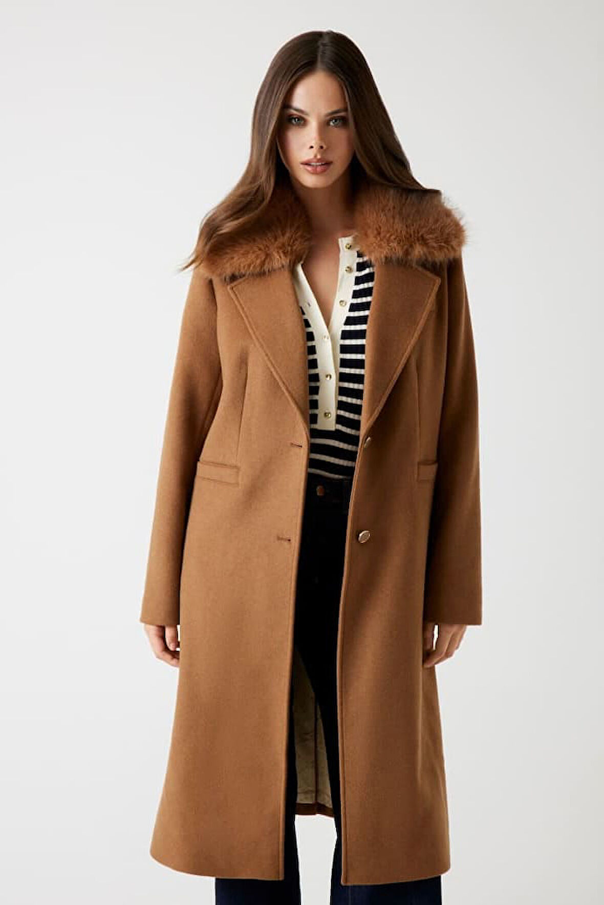 Kadın Karole Yün Karışımlı Kaban - Kahverengi | S