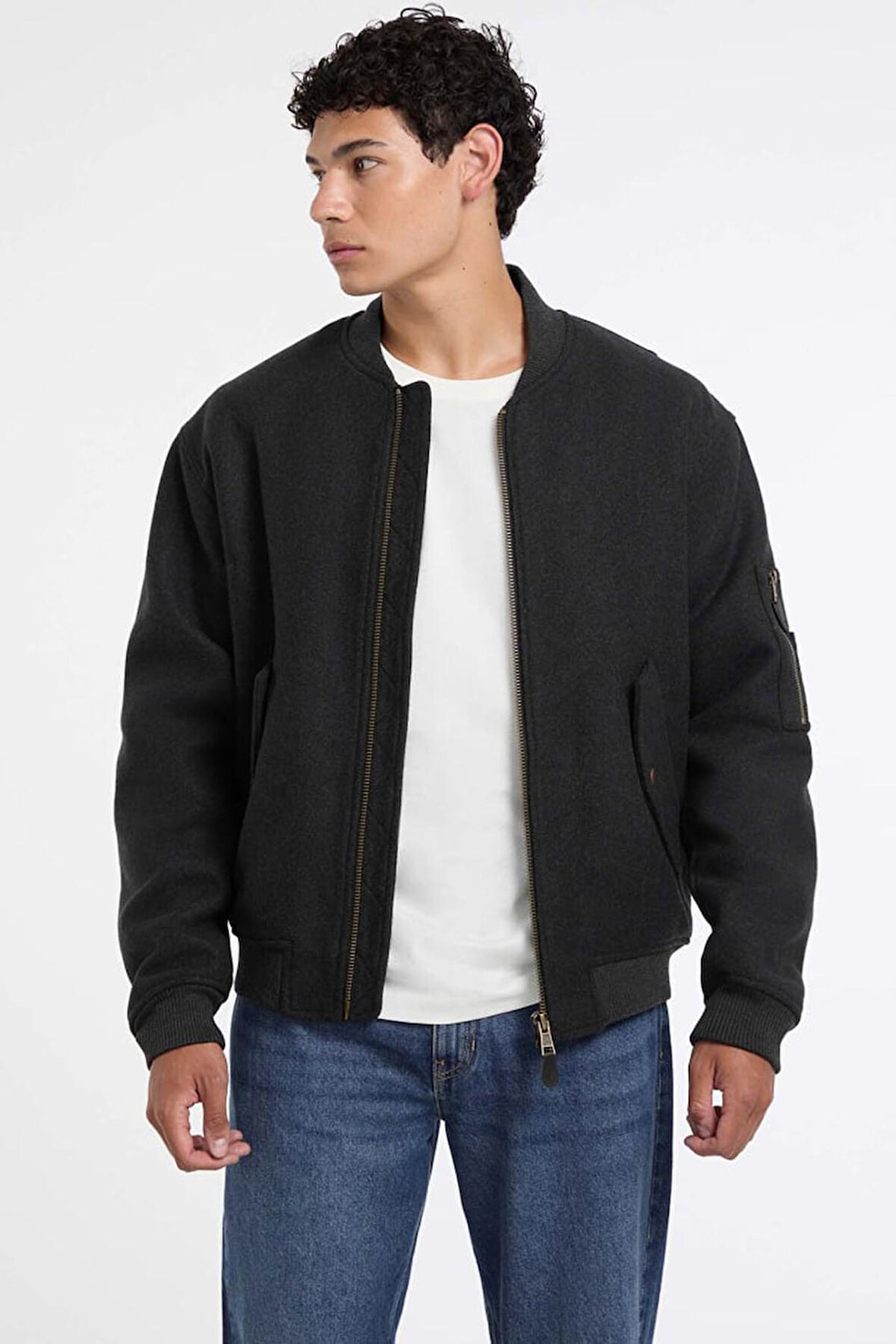 Erkek Yün Karışımlı Bomber Mont - Gri | S