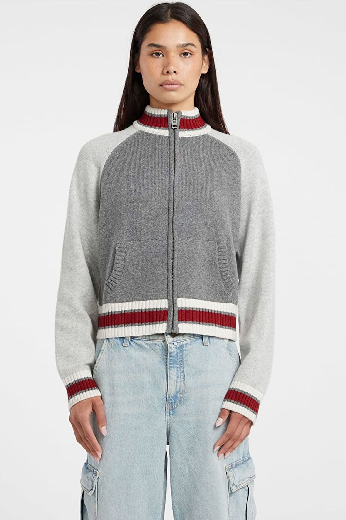 Kadın Sırtı Grafik Desenli Fermuarlı Triko Hırka - Gri | L