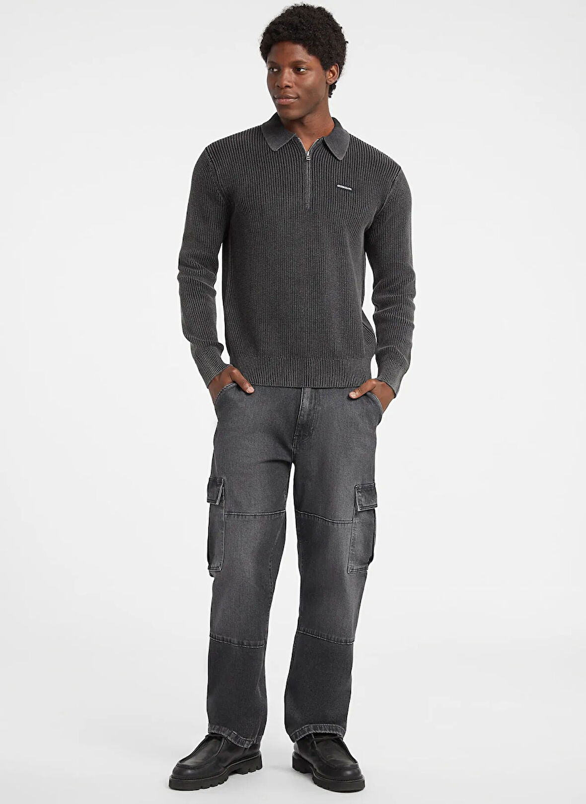 Guess Jeans Gömlek Yaka Standart Düz Siyah Erkek Kazak M5BR05Z3HM1-JBLK Guess Jeans Erkek