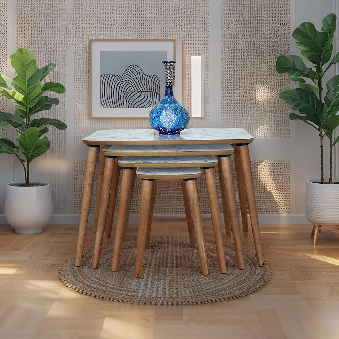 Evmob Evim Mobilya Lüks 1. Sınıf Mdf Tek Katlı 4’lü Zigon Sehpa Seti – Beyaz Mermer & Ceviz, Modern Tasarım