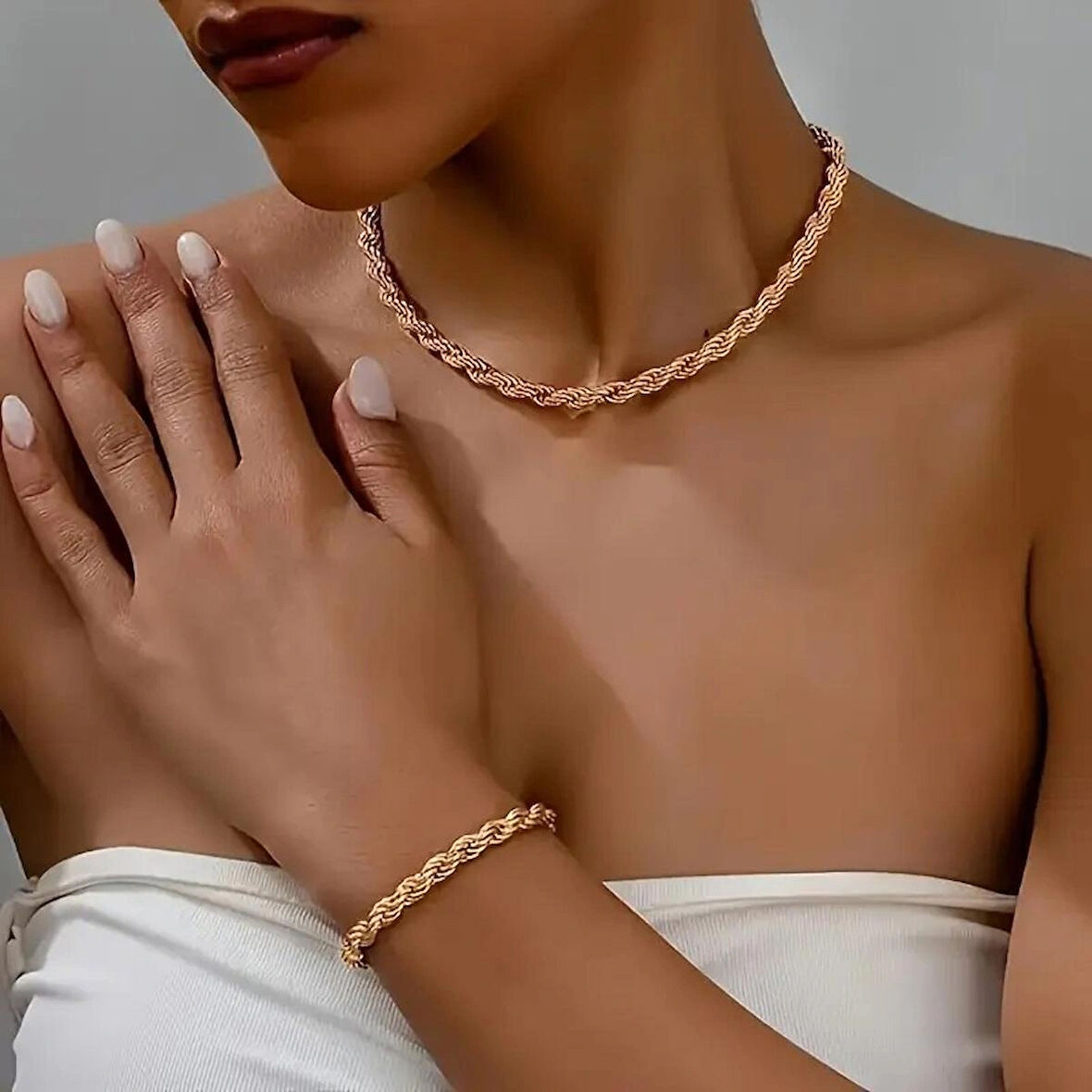 Unisex Rosegold Kalın (3mm) Burgu Çelik Kolye Ve Bileklik Set