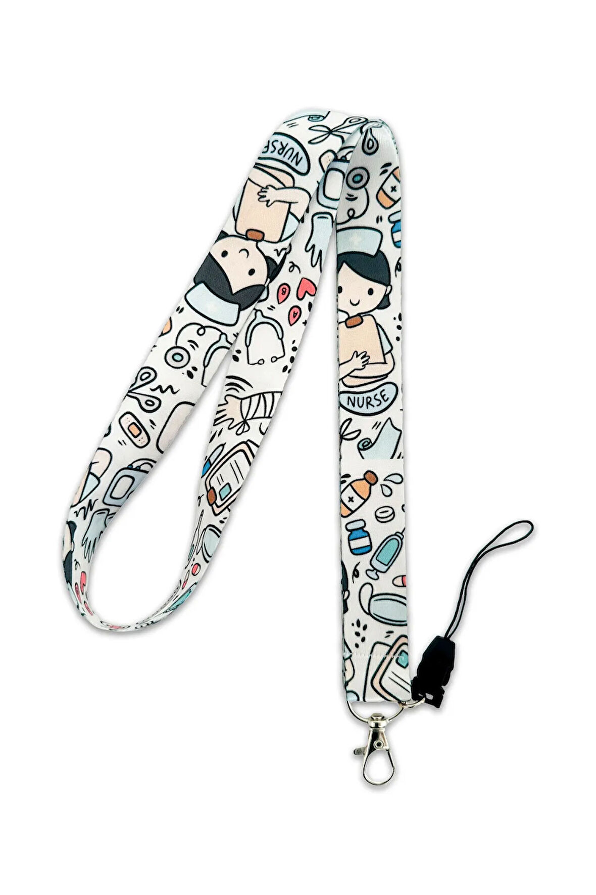 Beyaz Renk Hemşire-Nurse Desenli Boyun İpi Askısı Yaka Kartı Tutucu-Telefon Askısı