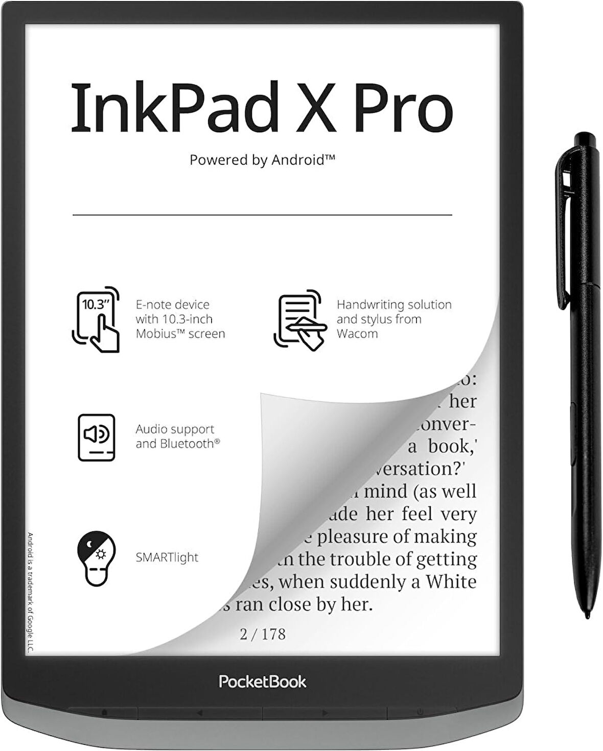 PocketBook InkPad X Pro E-Okuyucu ve E-Not | El Yazısı Özelliği ve Kalem | 10,3'' Mobius™ Ekran | Android | Ayarlanabilir Akıllı Işık | Mist Grey