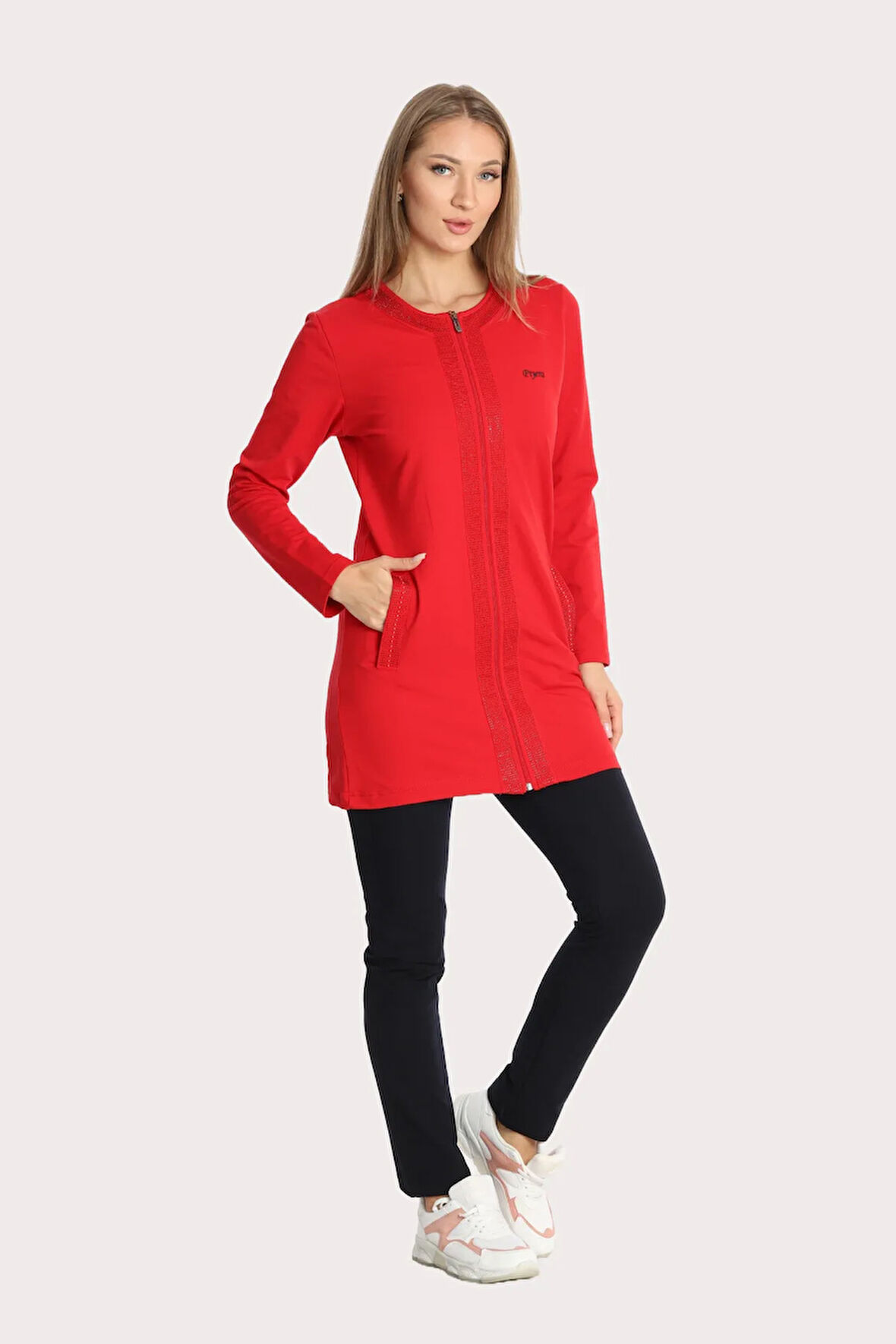 Kadın Kırmızı Iki Iplik Cepli Bisiklet Yaka Taşlı Boncuklu Fermuarlı Tunik Alt-üst Takım - 7461