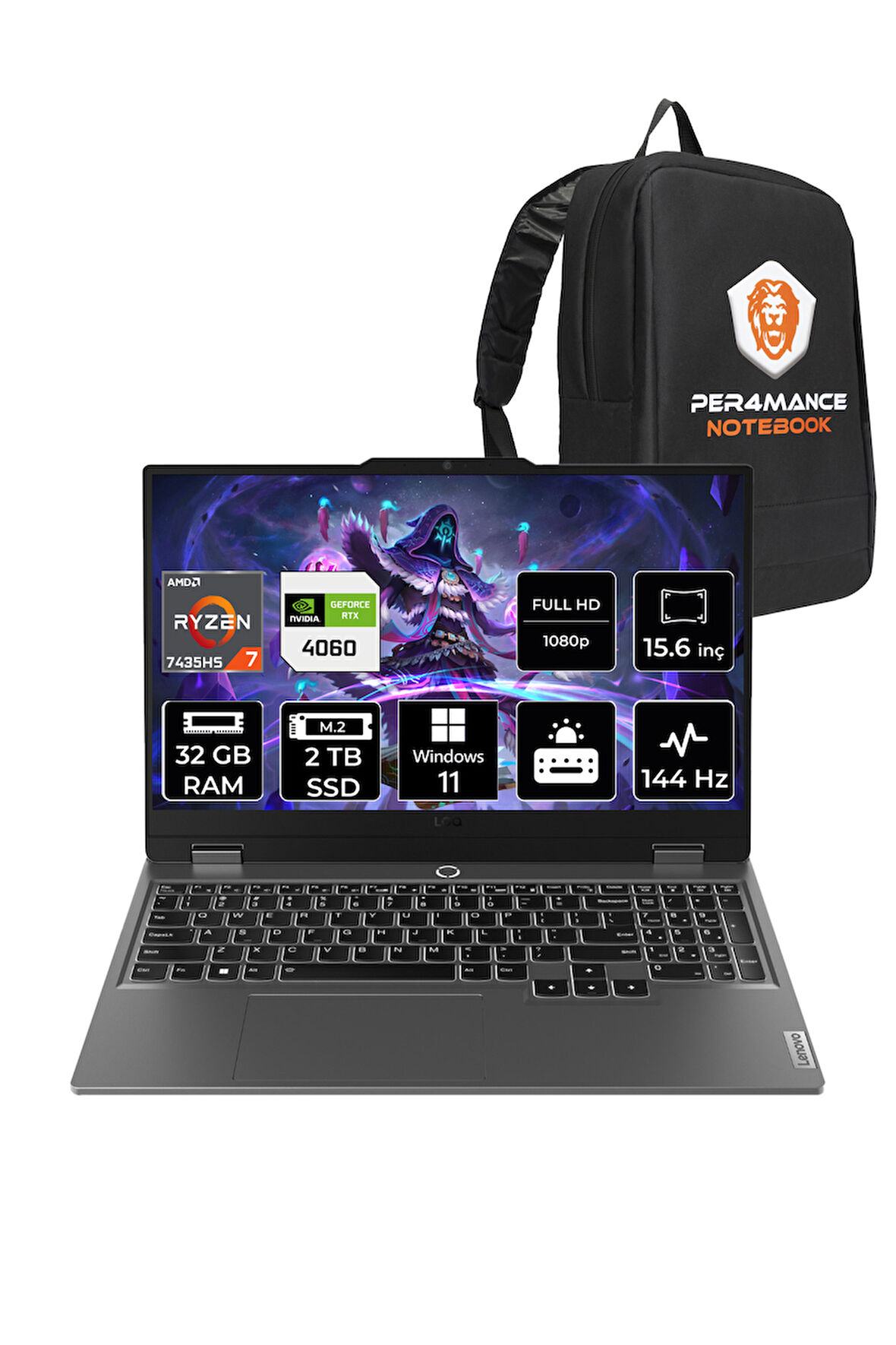 Lenovo LOQ R7 7435HS 32GB 2TB SSD RTX4060/8GB 105W 144Hz FHD 15.6" W11H Gaming Laptop & PER4 ÇANTA
